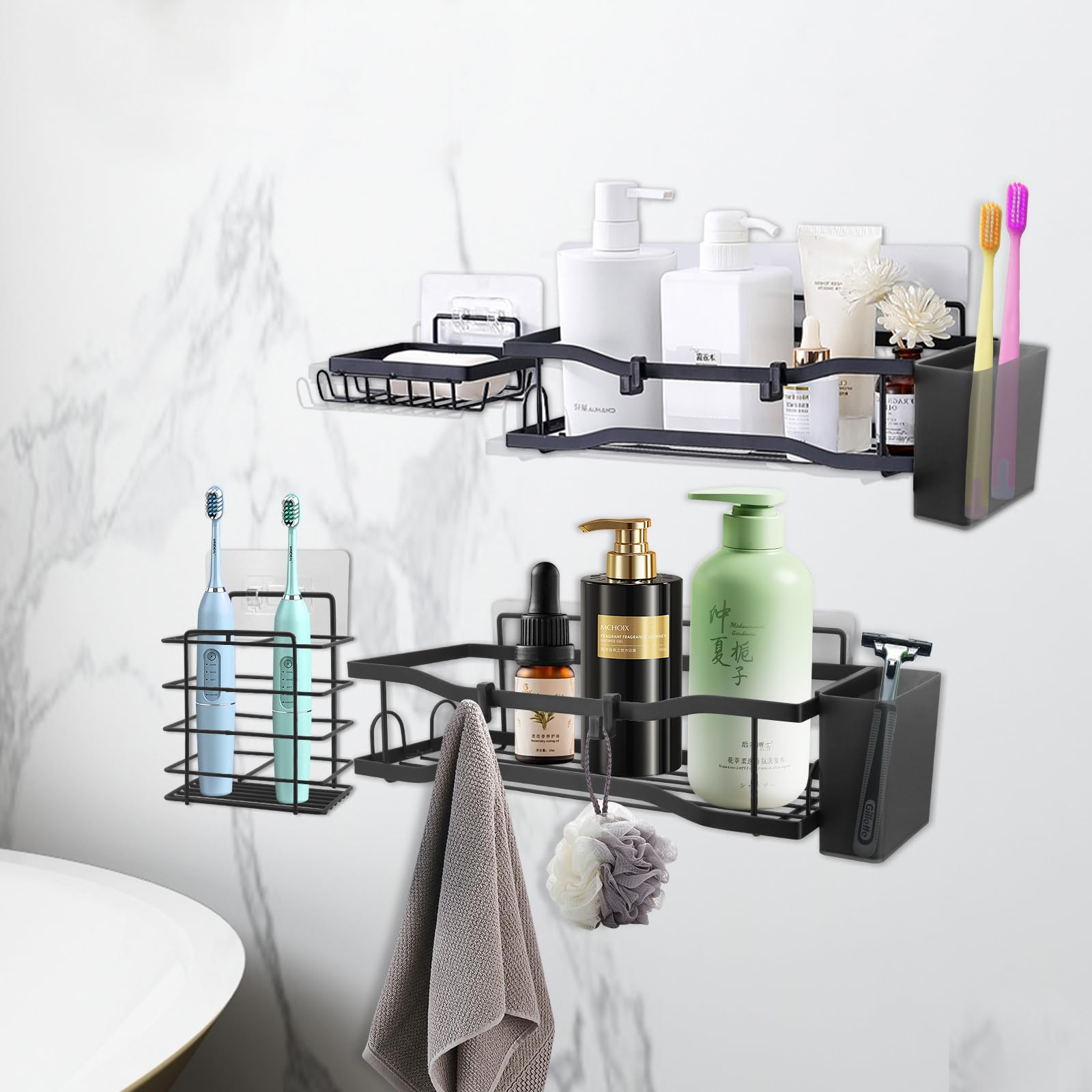 Beowanzk 12-Piece Bathroom Shelf Set | No-Drill Carbon Steel Wall Organiser