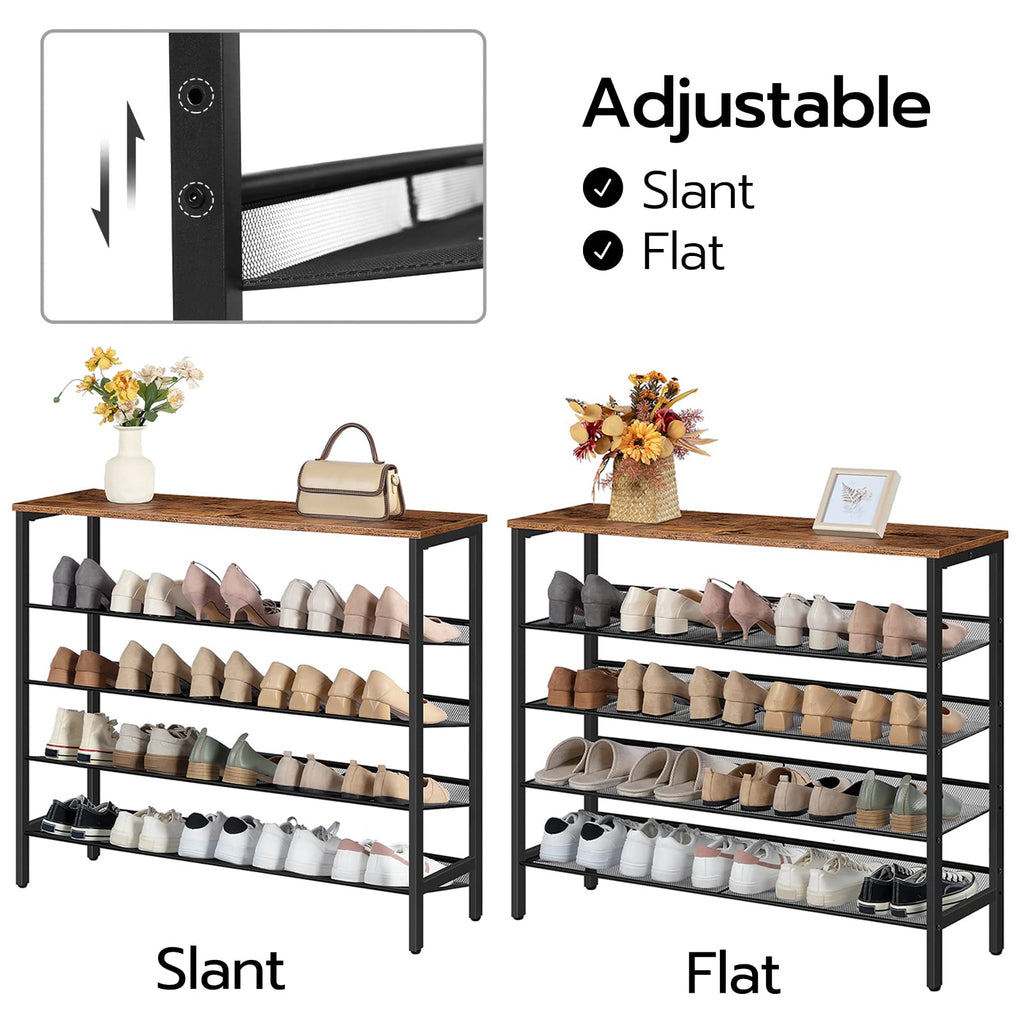HOOBRO 5-Tier Shoe Rack – Industrial Rustic Brown Metal Organizer