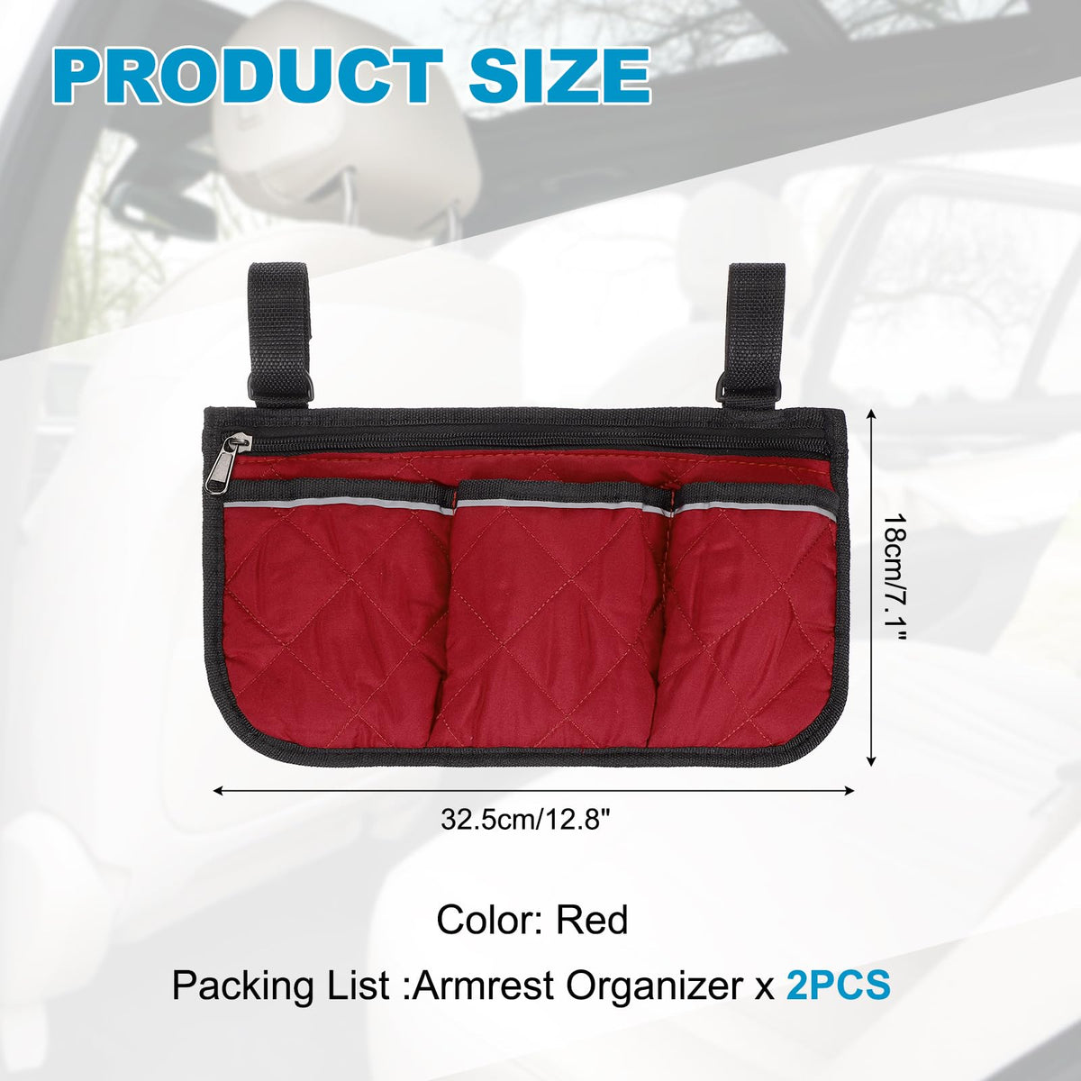 YELARXI Beach Chair Armrest Bag, Beach Side Bag Hanging Storage Organizer with Reflective 4 Pockets Waterproof Pouch 13 x 7" & 2Pcs & Red - Fit for - image 2