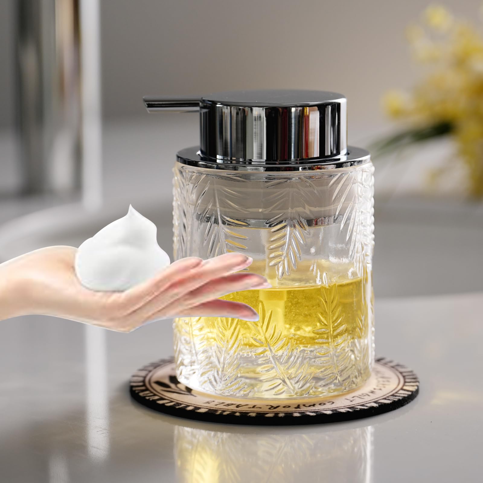 Jolof Store Glass Foaming Hand Soap Dispenser – Clear Leaf Pattern