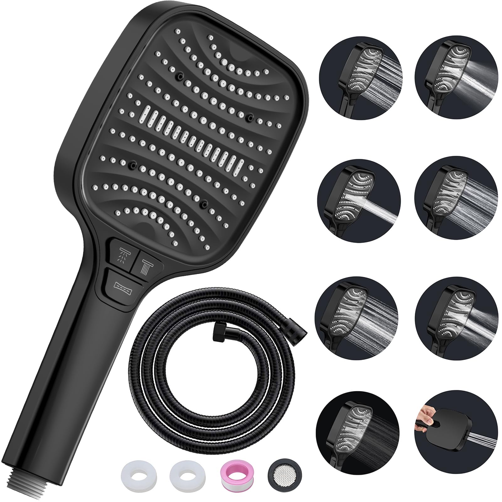 Jolof Store High Pressure Shower Head – 8 Spray Modes & 1.5m Hose, Black