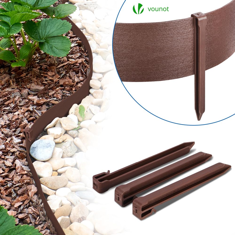 VOUNOT Flexible Garden Edging - 20m Brown Lawn Border with 12 Pegs