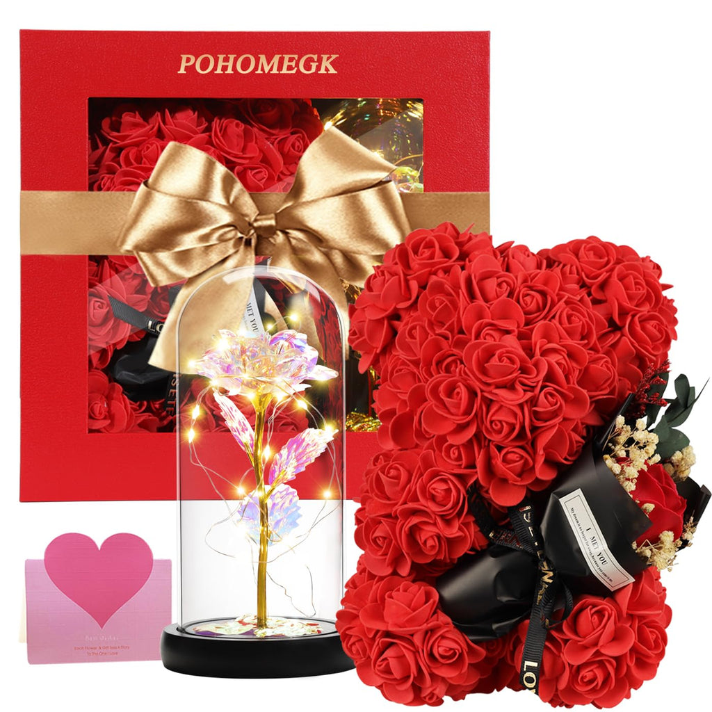 POHOMEGK Rose Bear with Light Up Glass Dome Rose - Mother's Day Flower Gift