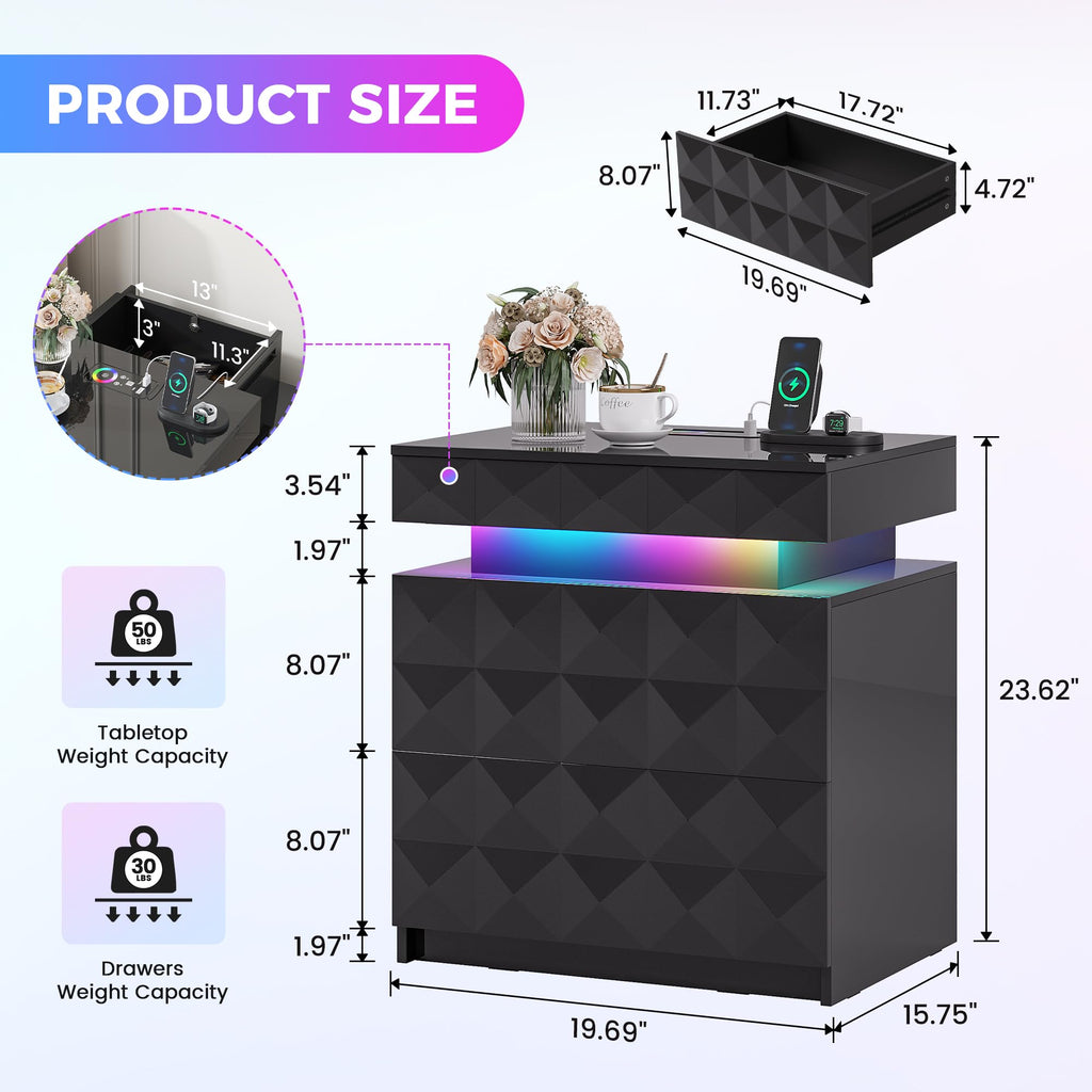 FREDEES RGB Bedside Table with Hidden Drawer for Bedroom, Black - image 2