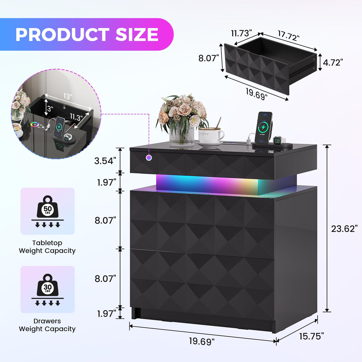 FREDEES RGB Bedside Table with Hidden Drawer for Bedroom, Black - image 2
