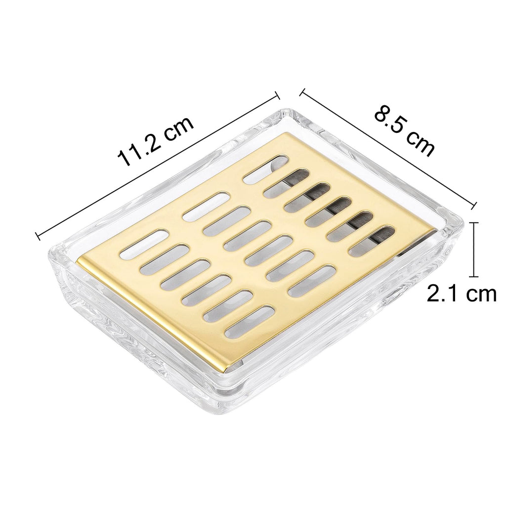 Glass Soap Dish 11.3 x 8.5 x 2.4cm Stainless Steel Soap Holder for Bathroom and Shower Double Layer Draining Soap Box Gold tray