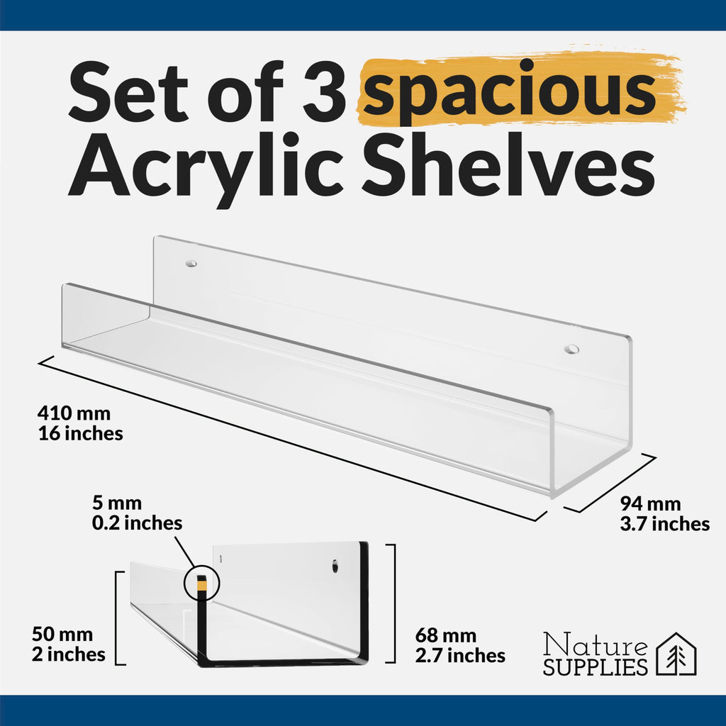 Nature Supplies Acrylic Floating Shelves | 3 Pack Clear Nursery Bookshelf