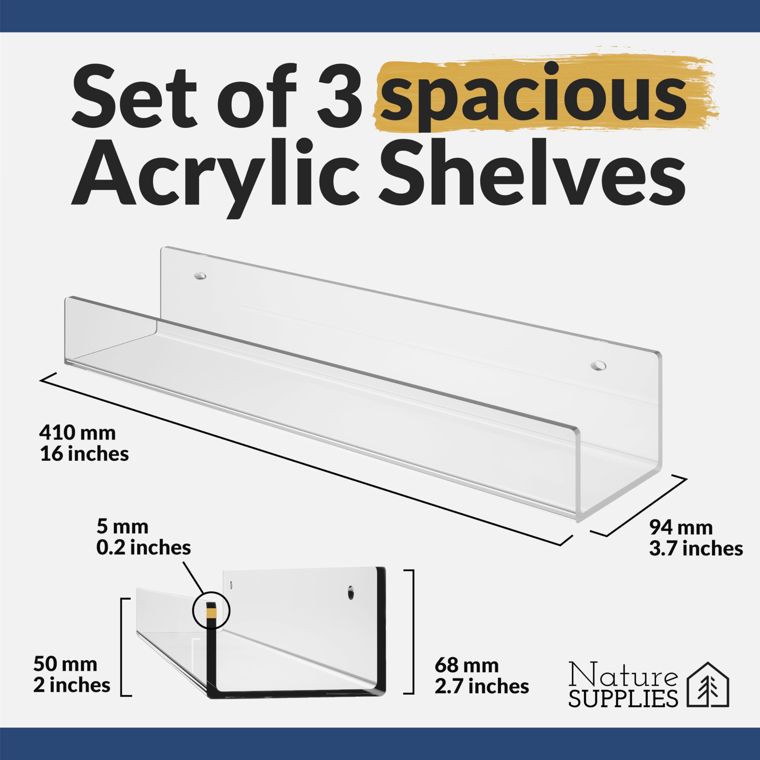 Nature Supplies Acrylic Floating Shelves | 3 Pack Clear Nursery Bookshelf