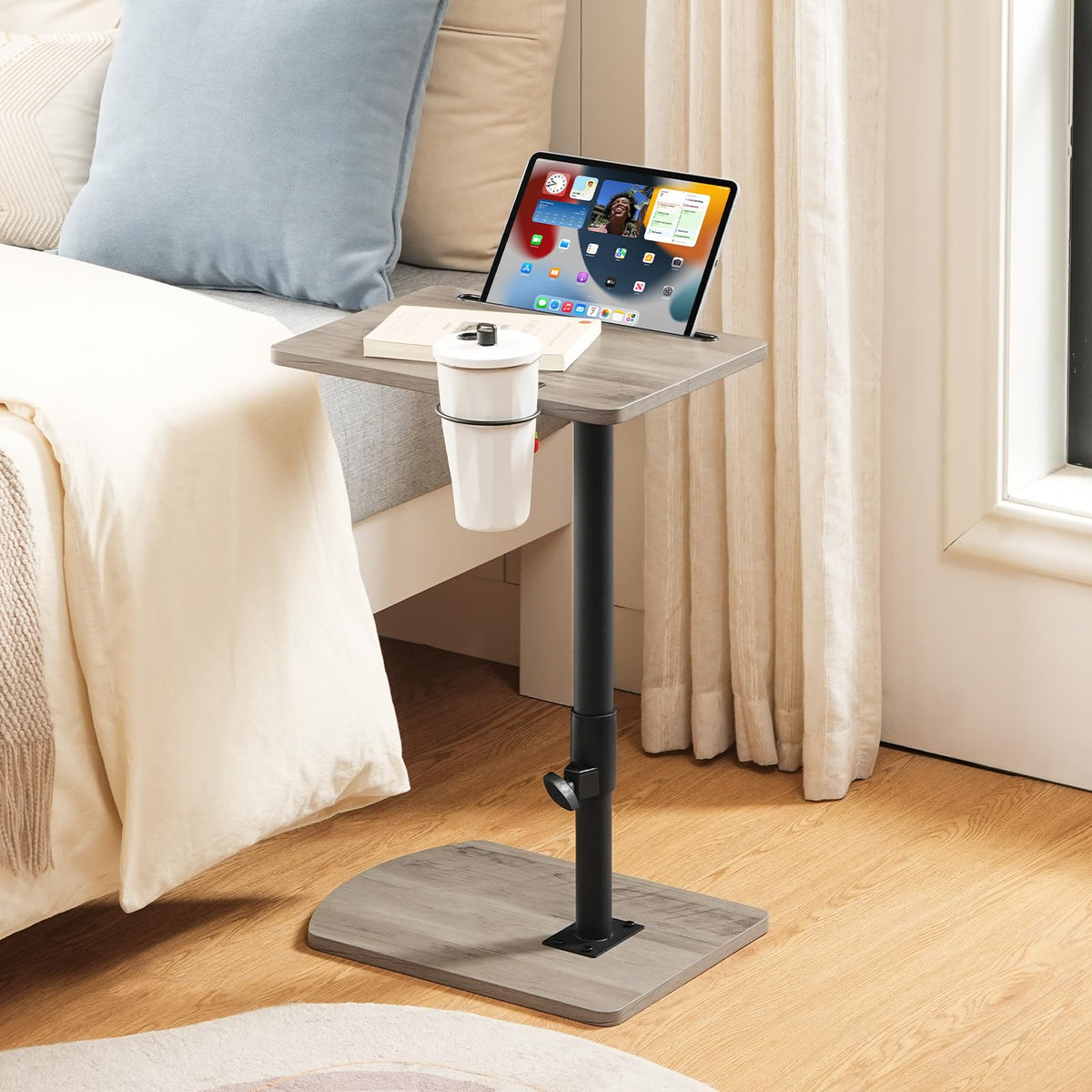 HOOBRO C Shaped Side Table, Height Adjustable Bedside Table, 360° Rotating Sofa Table Laptop Tables with Detachable Cup Holder and Tablet Slot - image 2