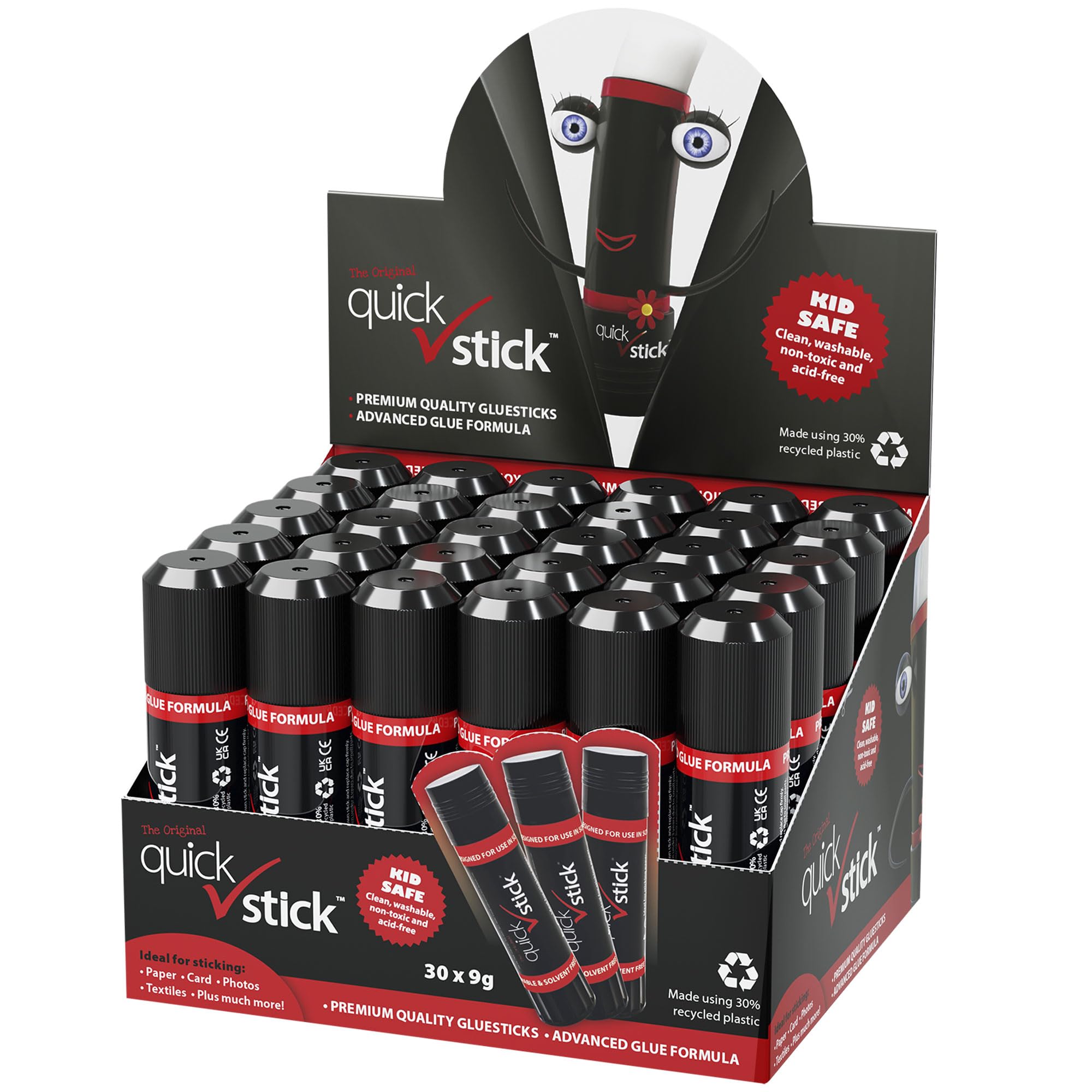 Quick Stick Glue Sticks 9g - Pack of 30 Non-Toxic PVP Adhesive for School