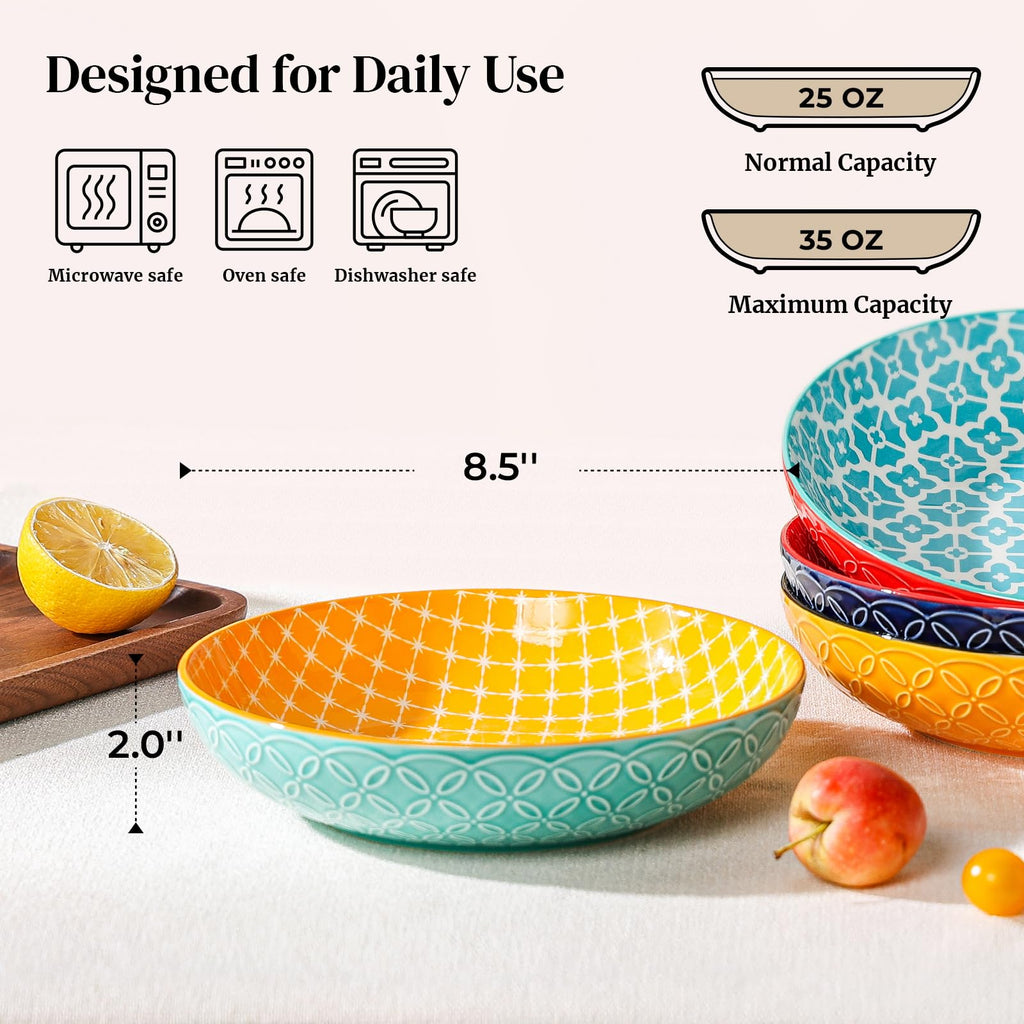 DOWAN Pasta Bowl Set of 4 – 21.5cm Wide Shallow Ceramic Salad Bowls