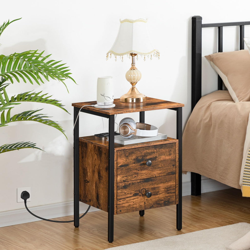 HOOBRO Bedside Table with Charging Station | 2-Drawer Rustic Nightstand