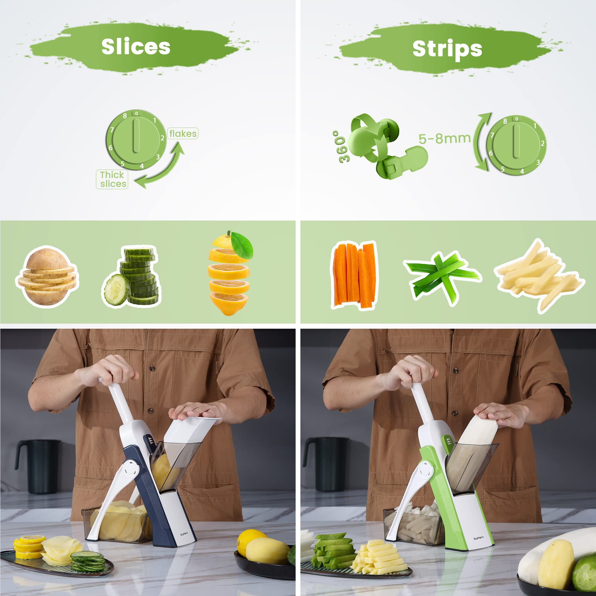 SUPMAKIN Safe Mandoline Slicer – 4 Mode Vegetable Chopper & Dicer
