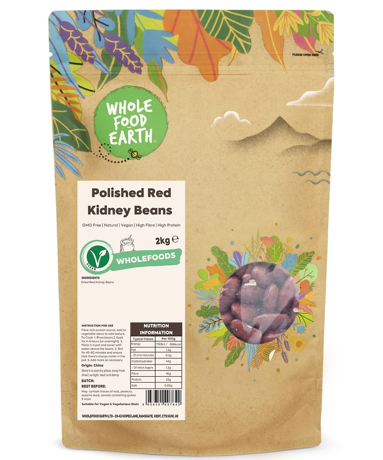 Wholefood Earth Polished Red Kidney Beans – 2kg Natural Vegan Legumes