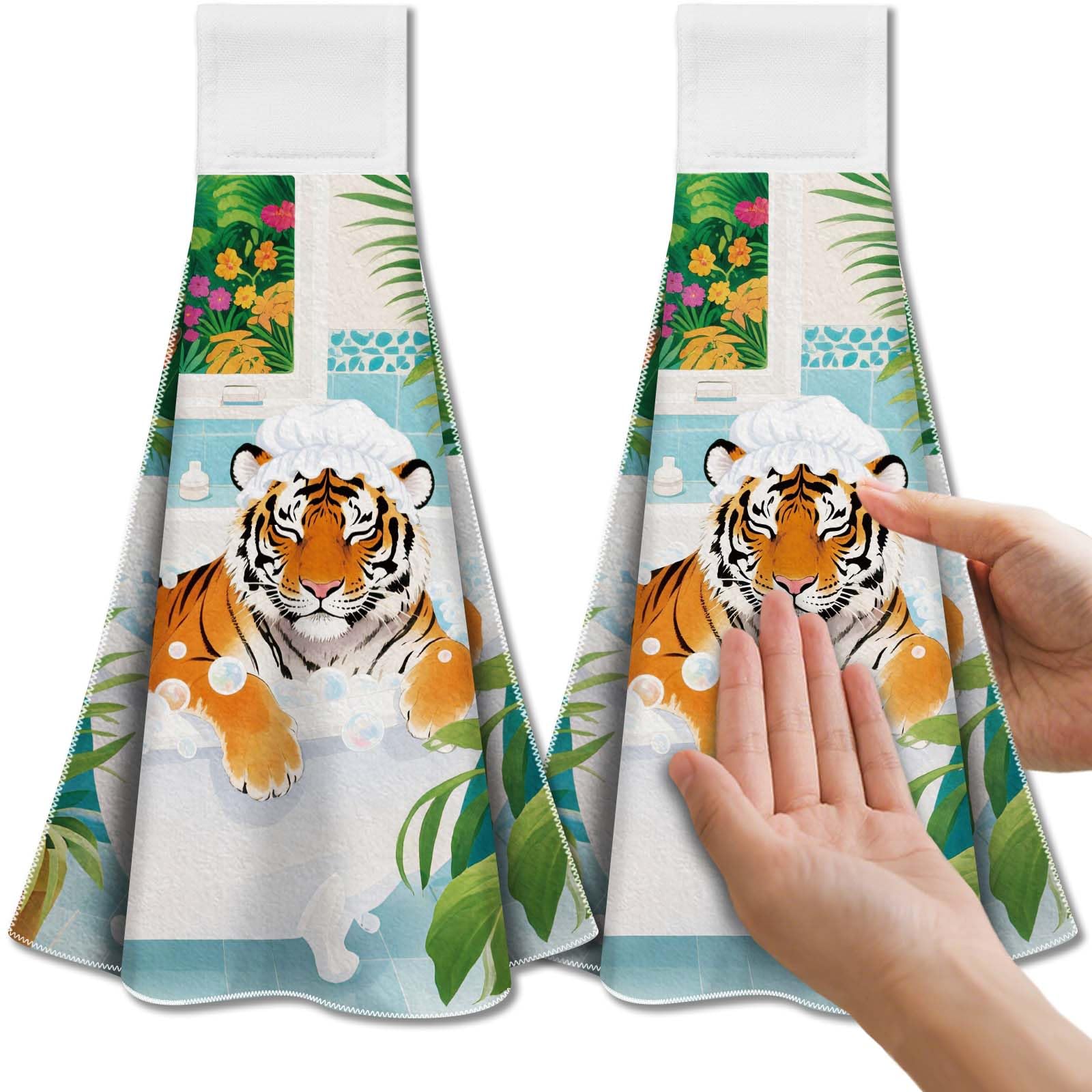 CUTHOLLOW Tiger Microfiber Hanging Kitchen Tea Towels - Set of 2