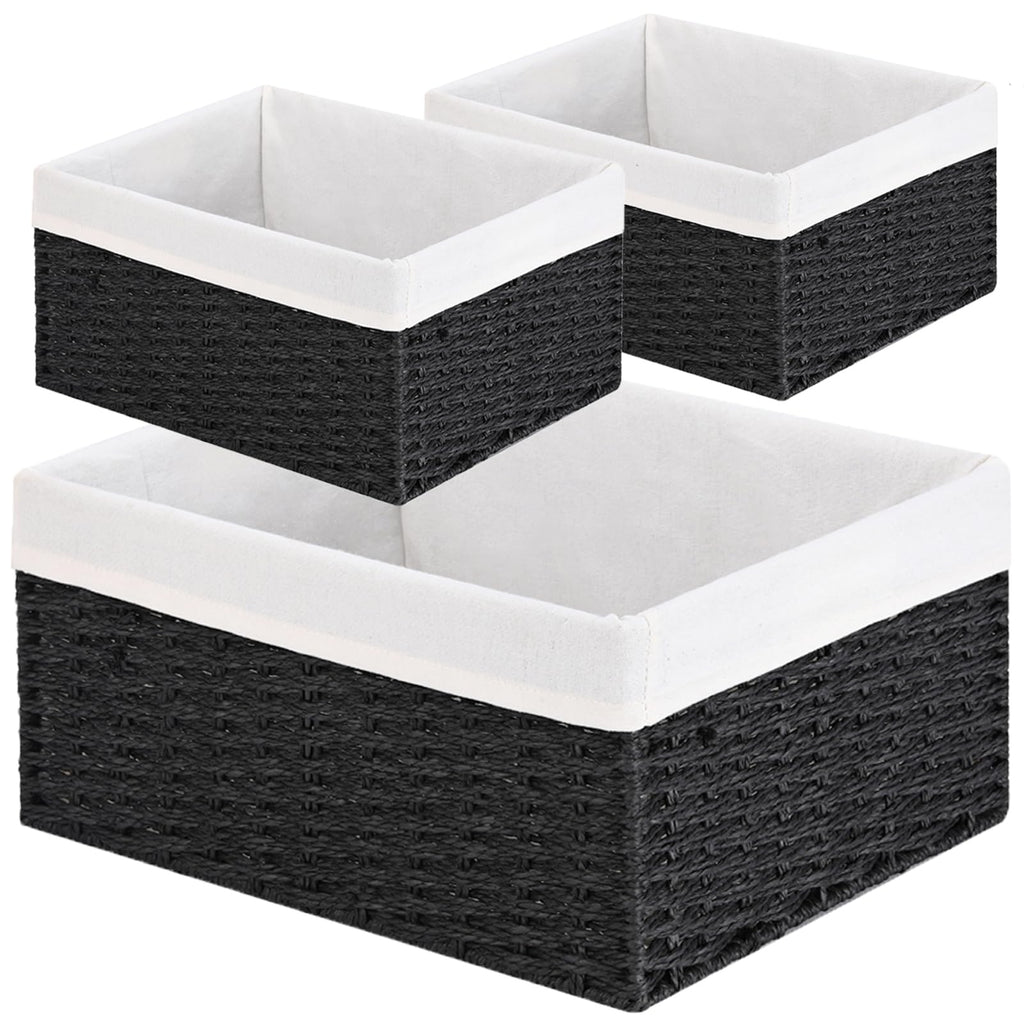 Vagusicc Wicker Storage Basket, Set of 3 Rectangular Storage Gift Hamper Basket with Removable Fabric Lining