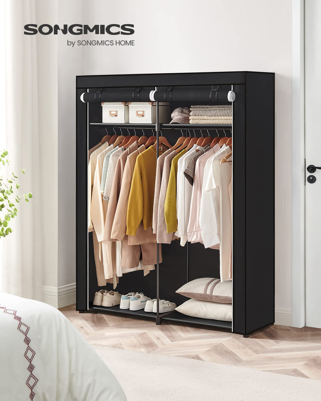 SONGMICS Portable Fabric Wardrobe – Collapsible Clothes Rack with 2 Rails