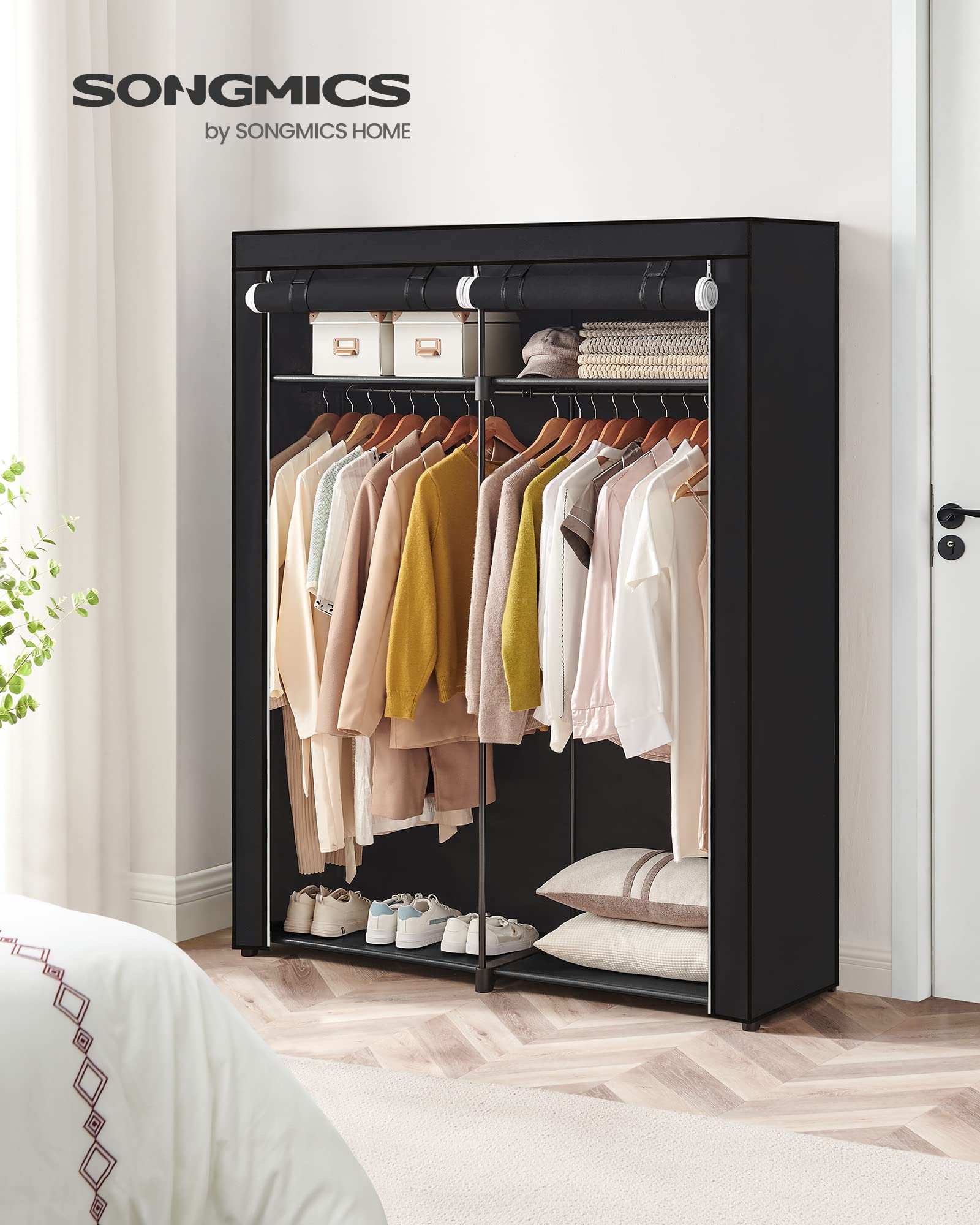 SONGMICS Portable Fabric Wardrobe – Collapsible Clothes Rack with 2 Rails