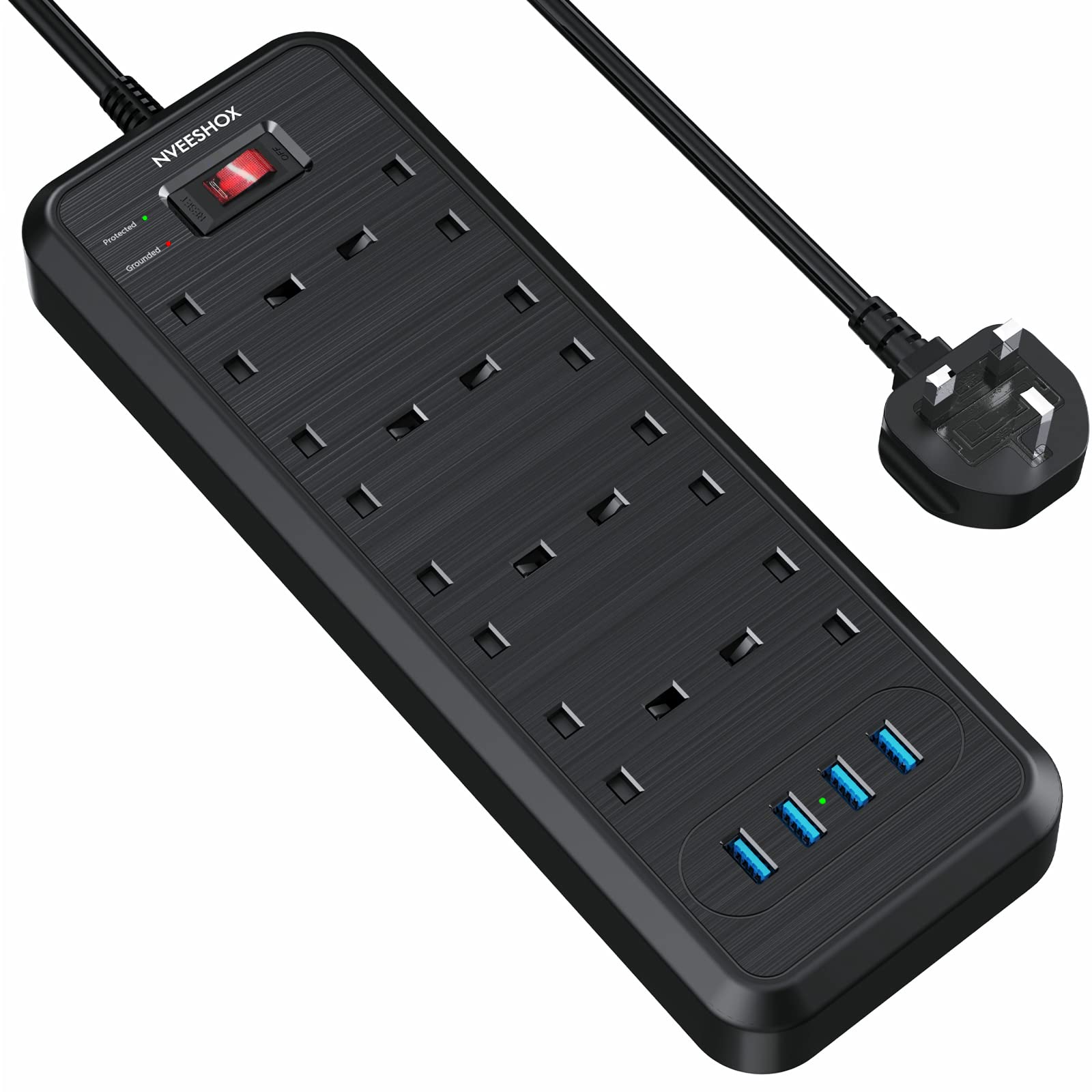 NVEESHOX 8-Way Extension Lead | 4 USB Slots & 2M Surge Protected Cable
