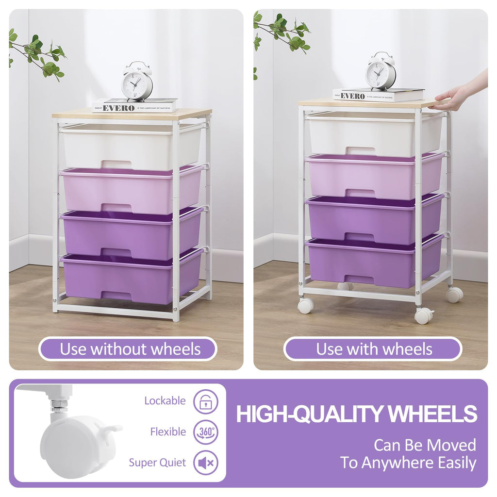 SYKIARIOL 4-Drawer Rolling Storage Cart – Wooden Top Utility Trolley