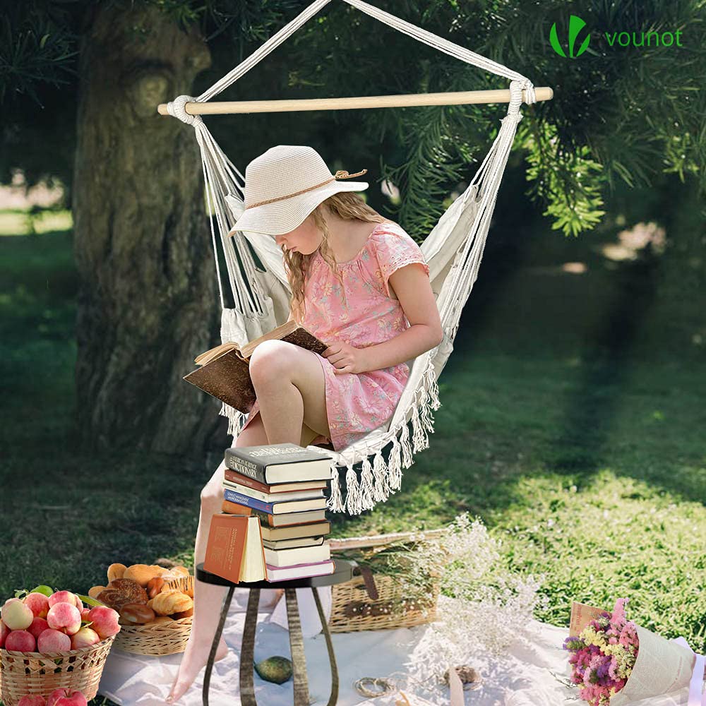 VOUNOT Macrame Hanging Hammock Swing Chair with Cushion - Beige