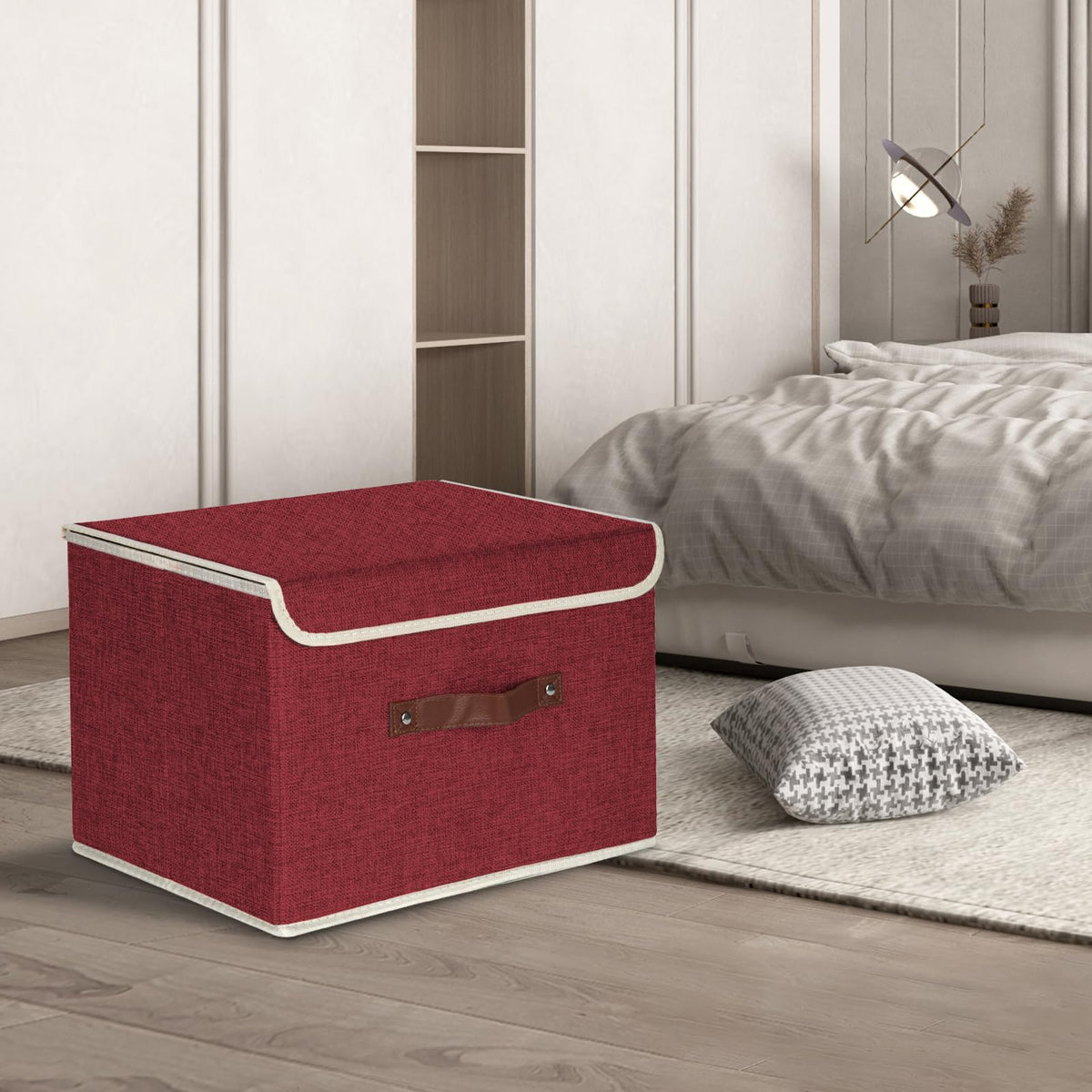 TYEERS Collapsible Storage Box with Lid, Fabric Storage Box for Clothes, Wardrobe Storage, 38x25x25 cm, Set of 5, Red Wine - image 5