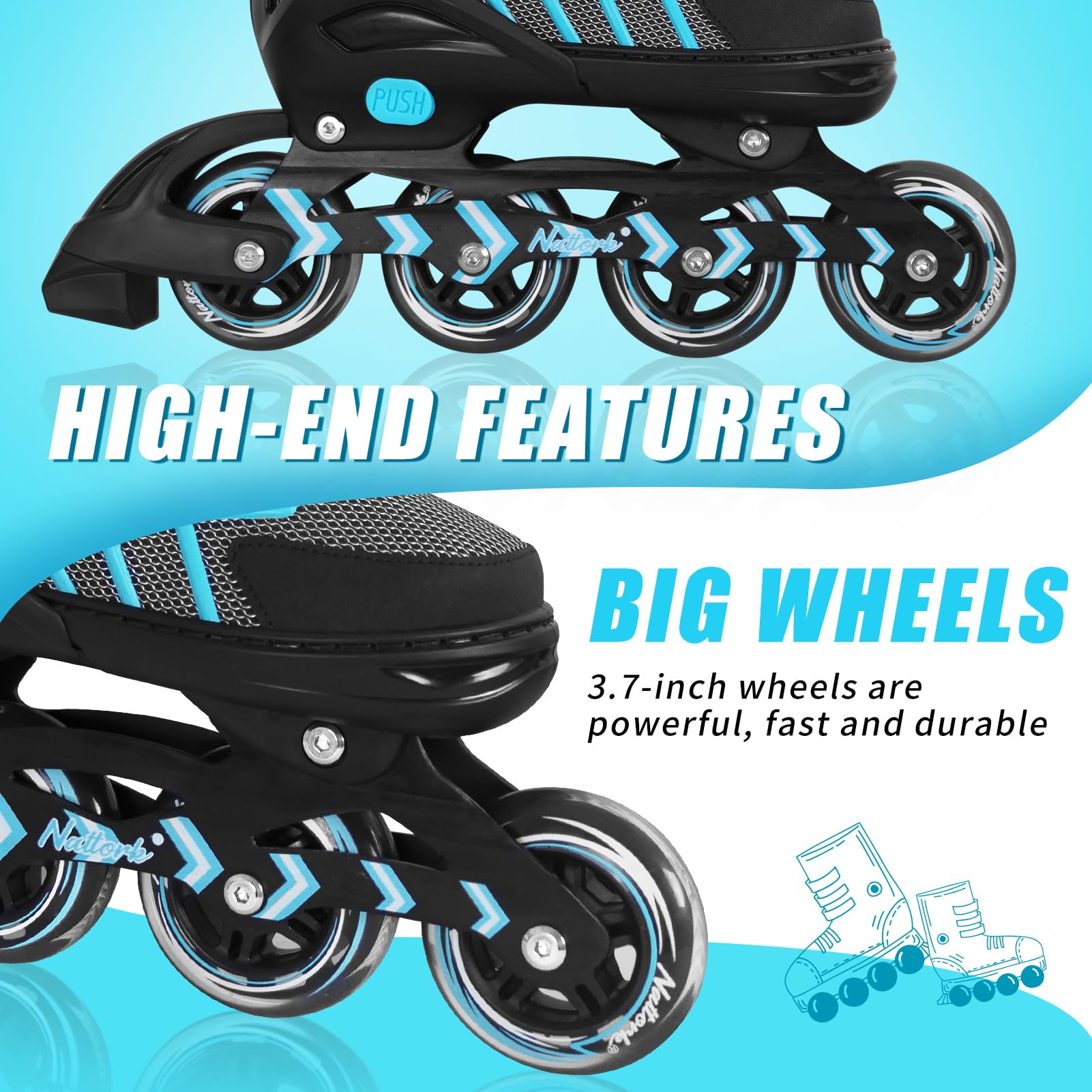 Nattork Adjustable Inline Skates - Teal Beginner Roller Blades