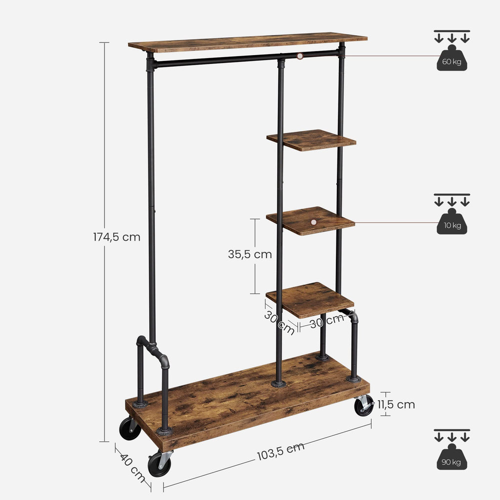 VASAGLE 5-Tier Rolling Garment Rack | Industrial Metal & Wood Clothes Rack