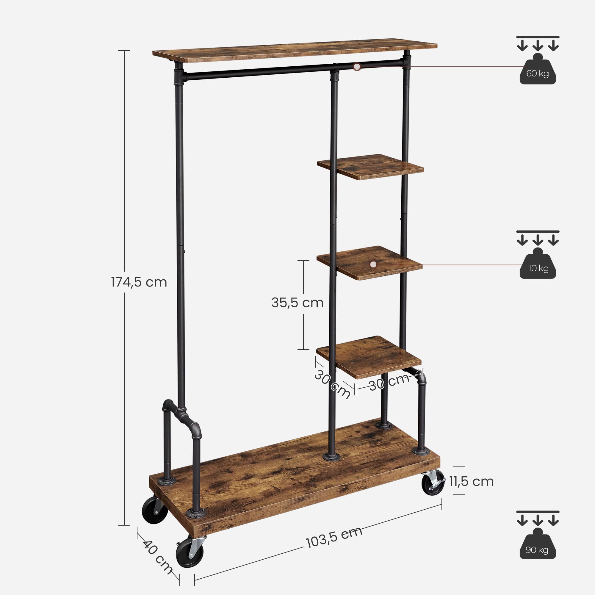 VASAGLE 5-Tier Rolling Garment Rack | Industrial Metal & Wood Clothes Rack