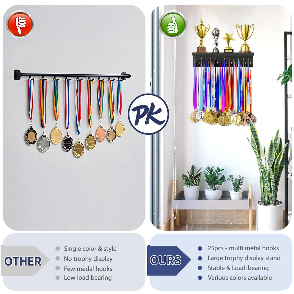 DSVENROLY Medal Holder Trophy Shelf Organizer, 25 Golden Hooks, Retro Grey - image 4