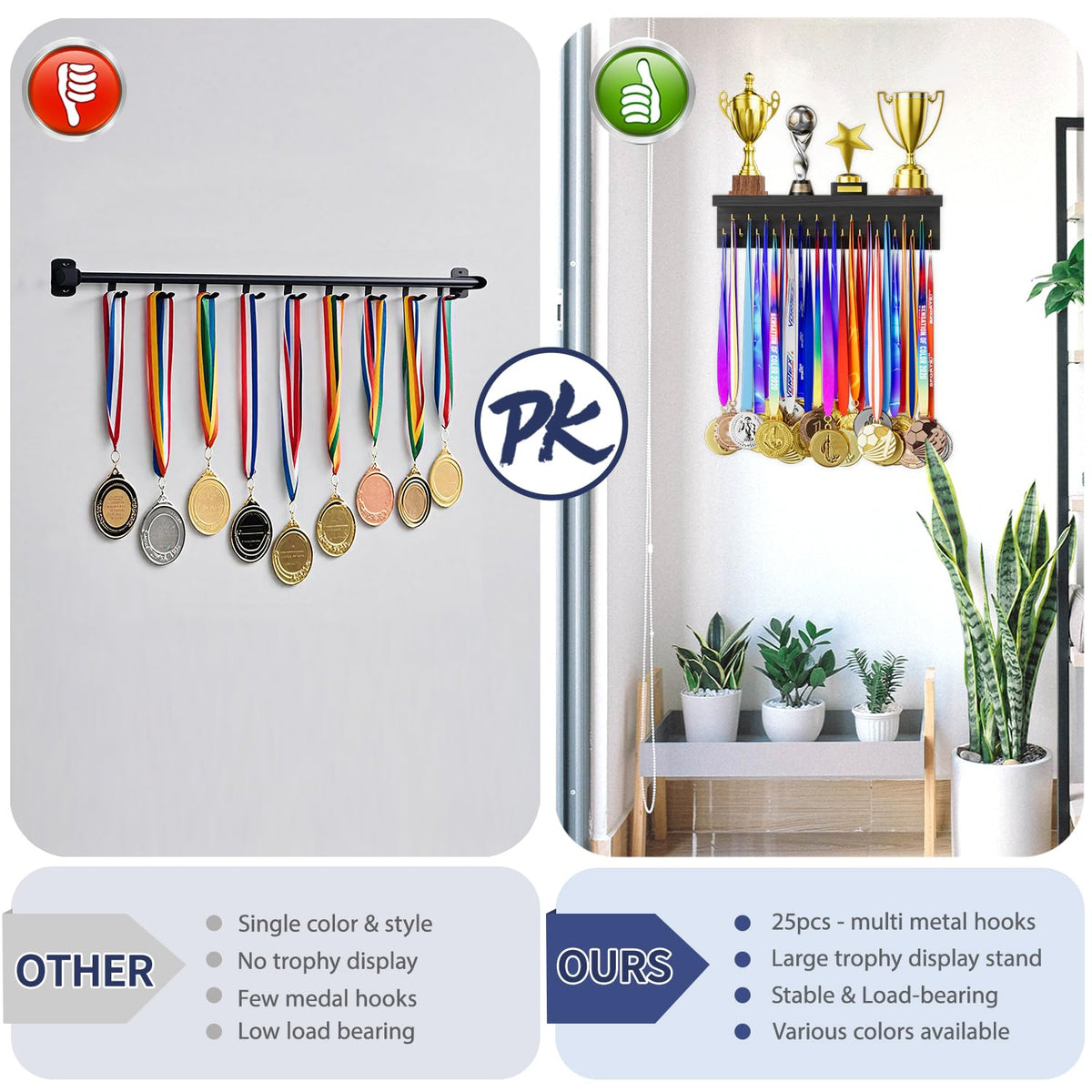 DSVENROLY Medal Holder Trophy Shelf Organizer, 25 Golden Hooks, Retro Grey - image 4
