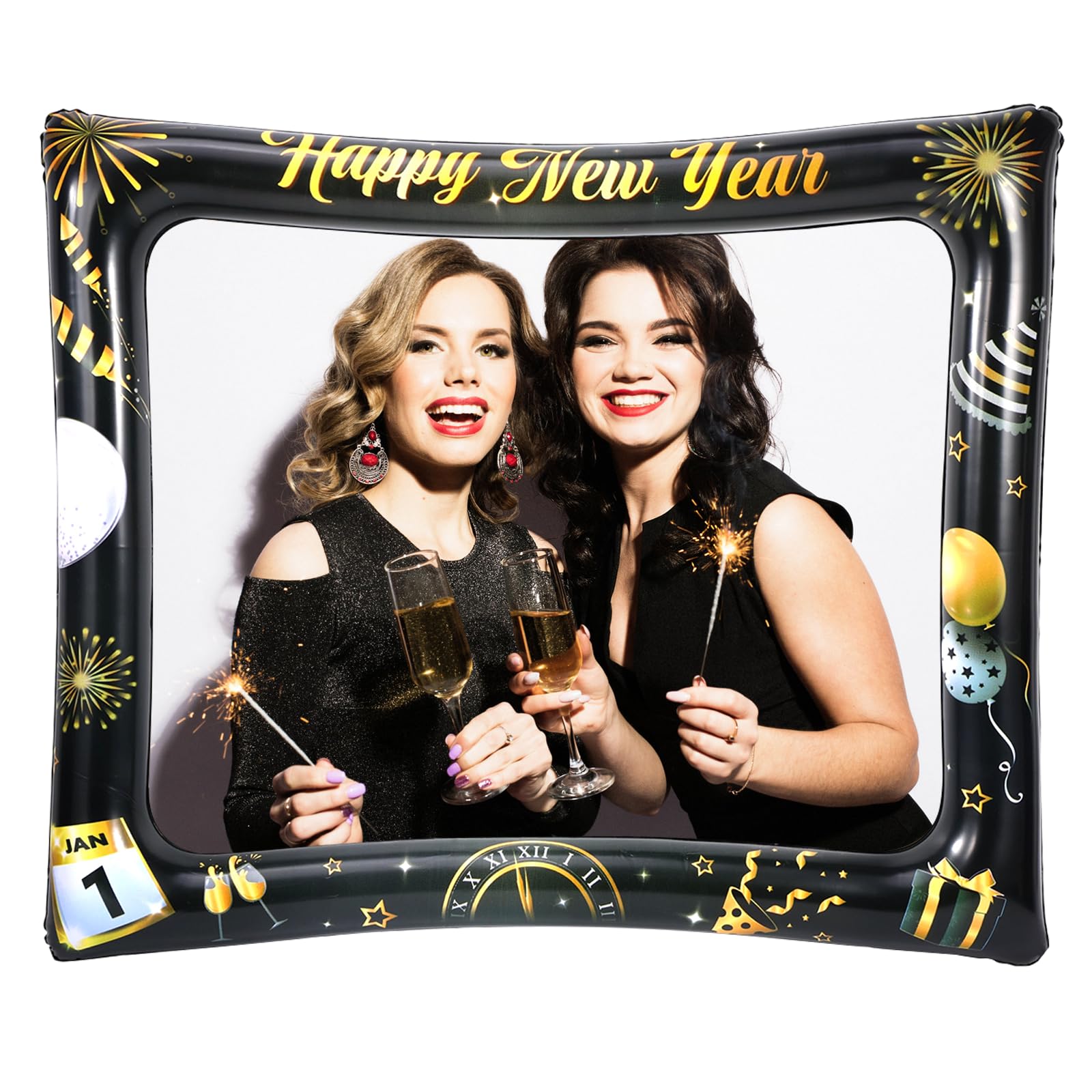 HOWAF 2026 Happy New Year Inflatable Selfie Frame – Black & Gold PVC