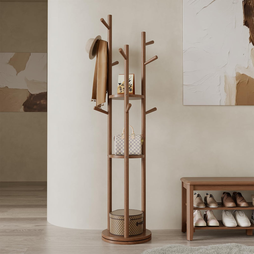 AQIMUELE Coat Stand, Wooden Coat Rack Stand with 3 Storage Shelves and 9 Hooks, Freestanding - Rotatable Coat Hanger Stand - image 1