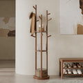 AQIMUELE Coat Stand, Wooden Coat Rack Stand with 3 Storage Shelves and 9 Hooks, Freestanding - Rotatable Coat Hanger Stand - image 1