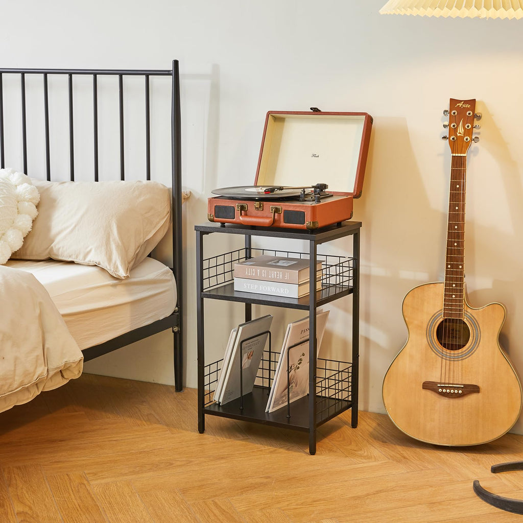 YMYNY 3-Tier Record Player Stand | Industrial Side Table - Rustic Brown