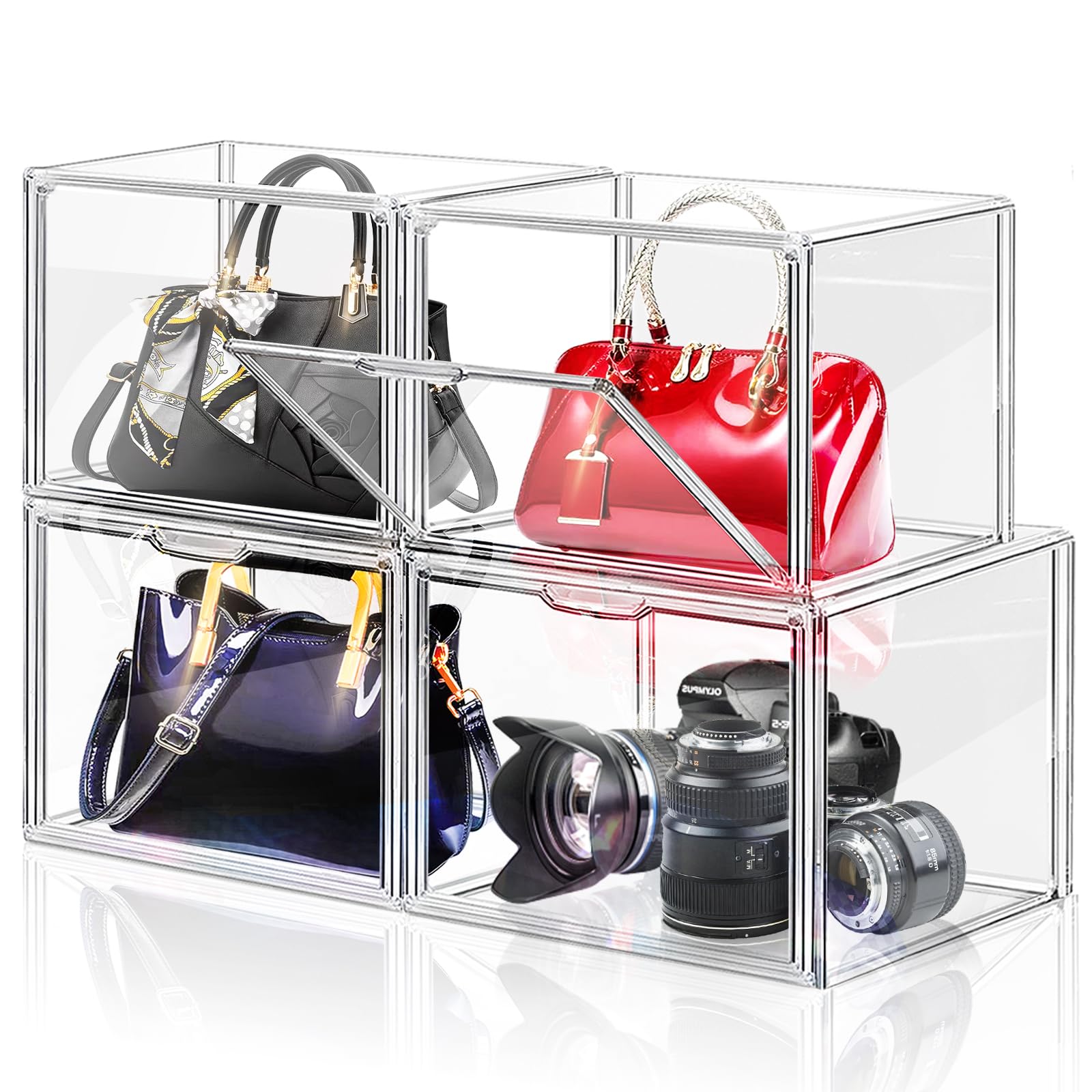 LINYAPRY Set of 4 Stackable Acrylic Purse Organizer with Magnetic Door