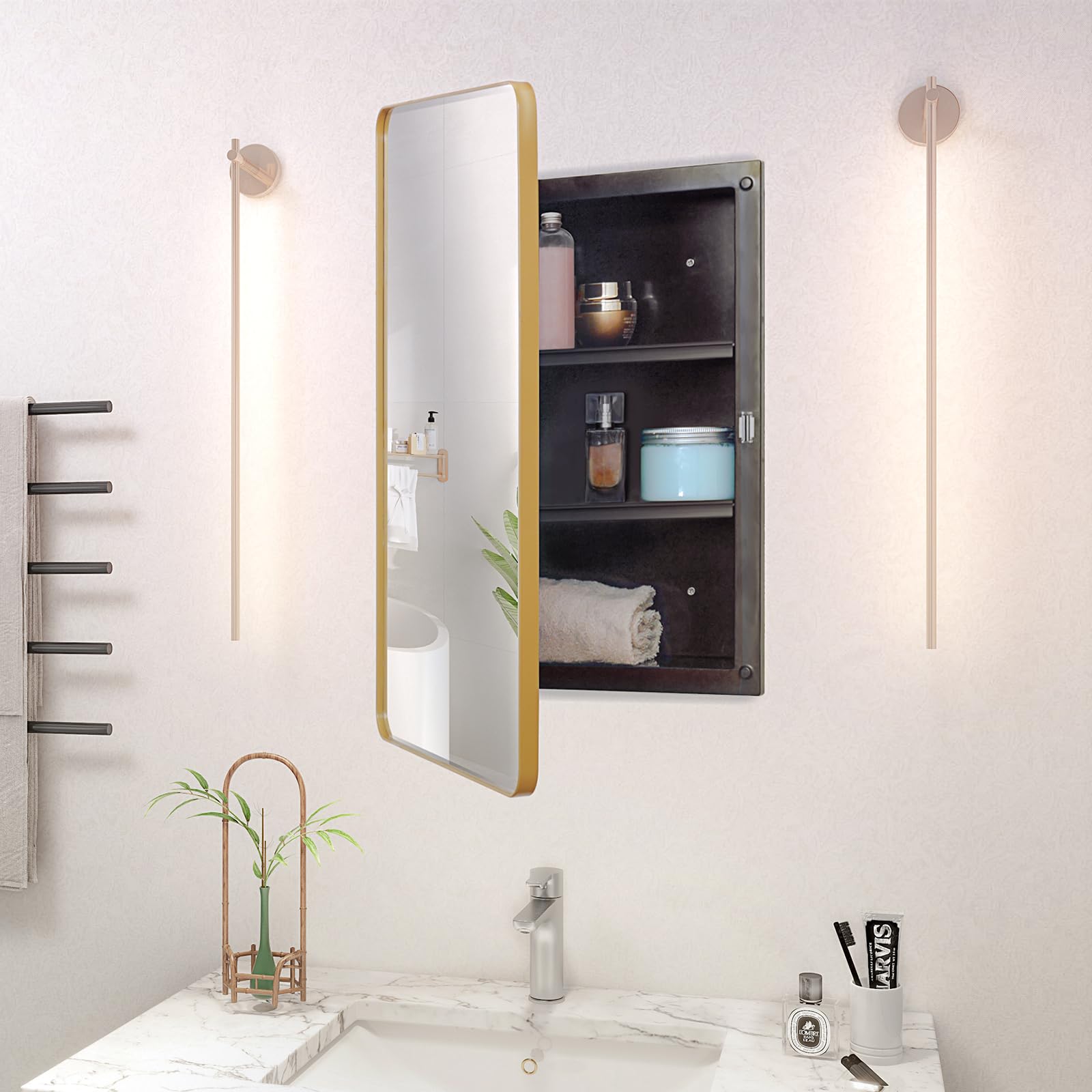 Fundin Gold Mirror Cabinet – Beveled Edge Recessed Bathroom Storage
