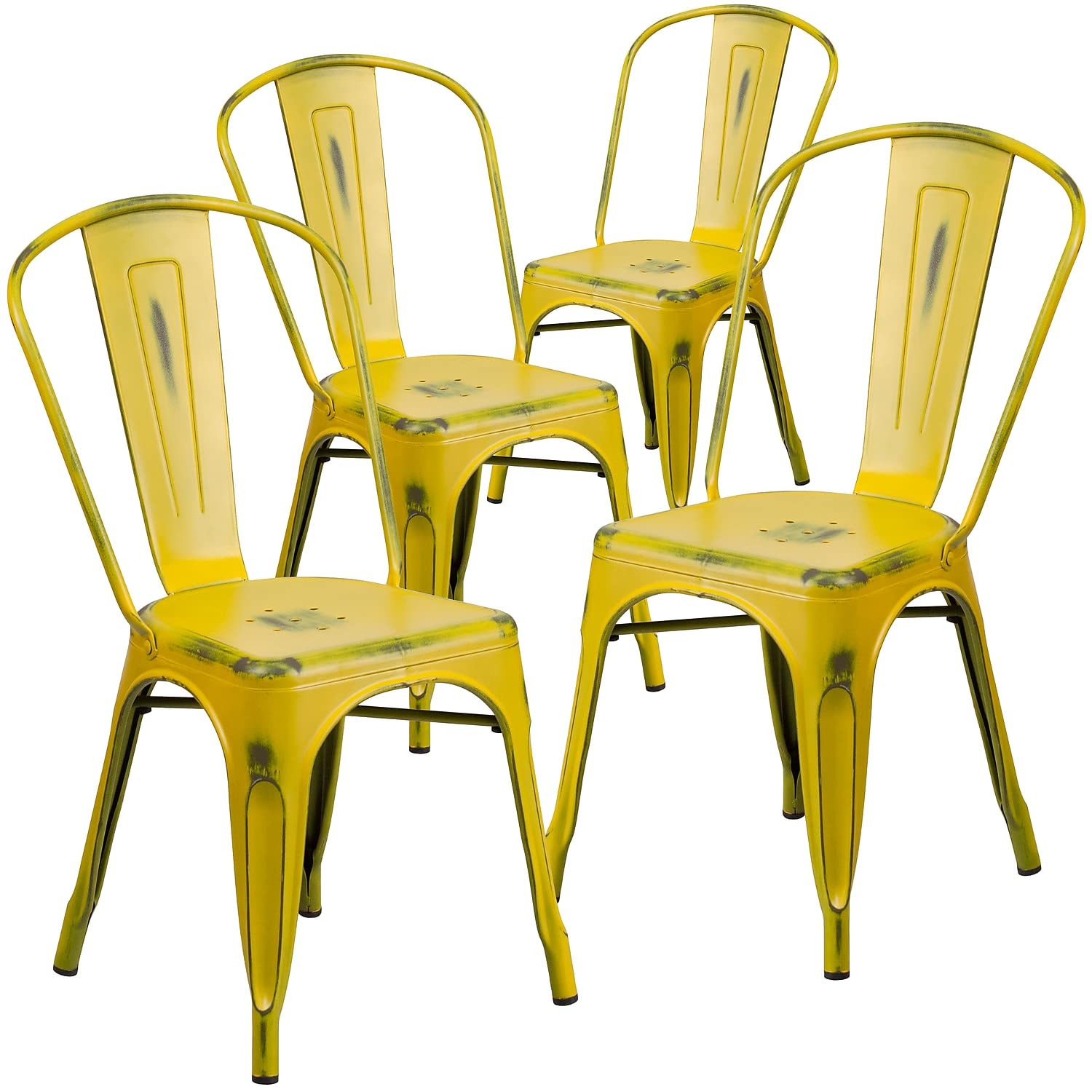 Flash Furniture Blake Distressed Yellow Metal Stackable Chairs - 4 Pack
