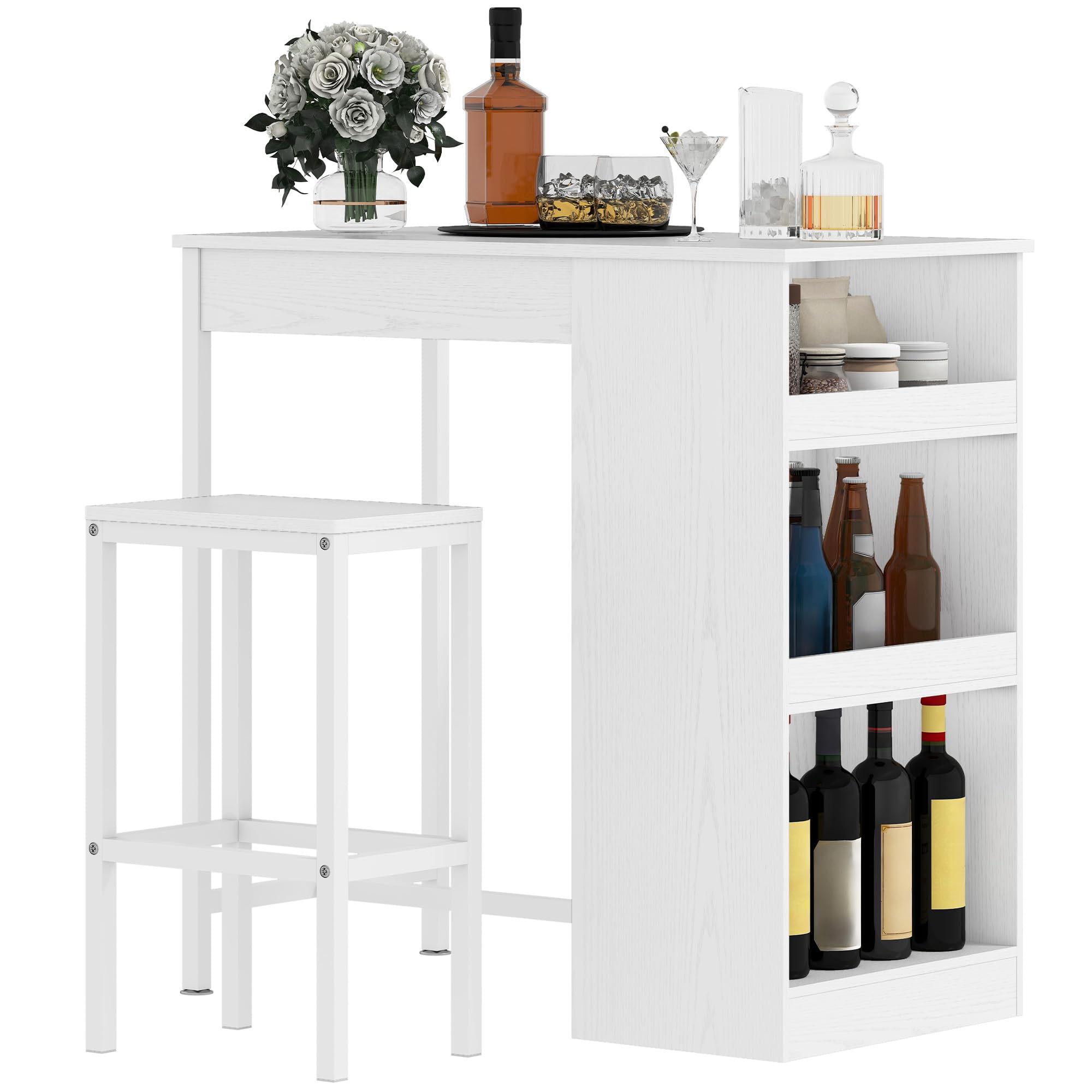 DWVO Breakfast Bar Table and Stools Set | 3-Shelf Industrial White