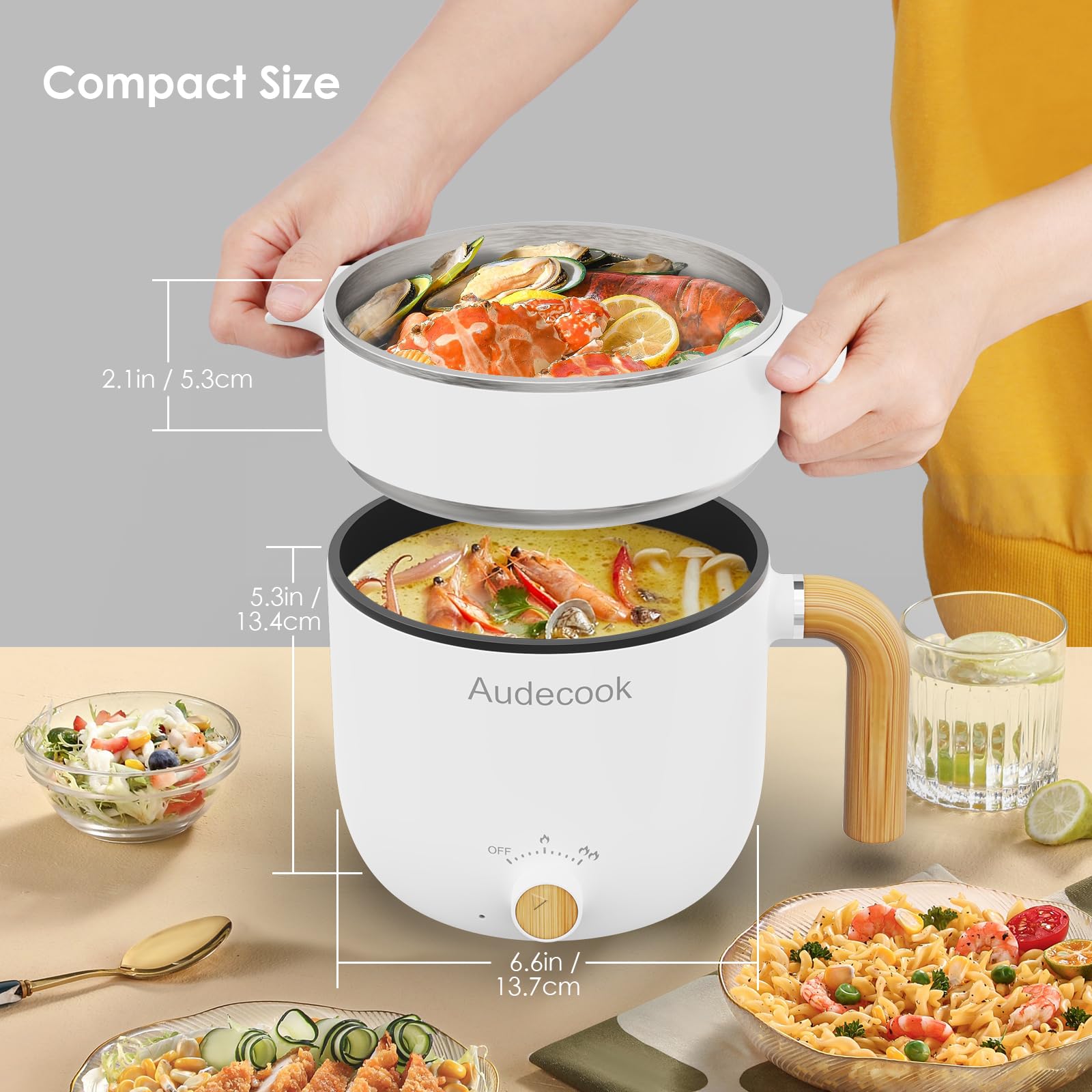 Audecook 1.5L Electric Hot Pot with Steamer | Portable Non-Stick Mini Cooker