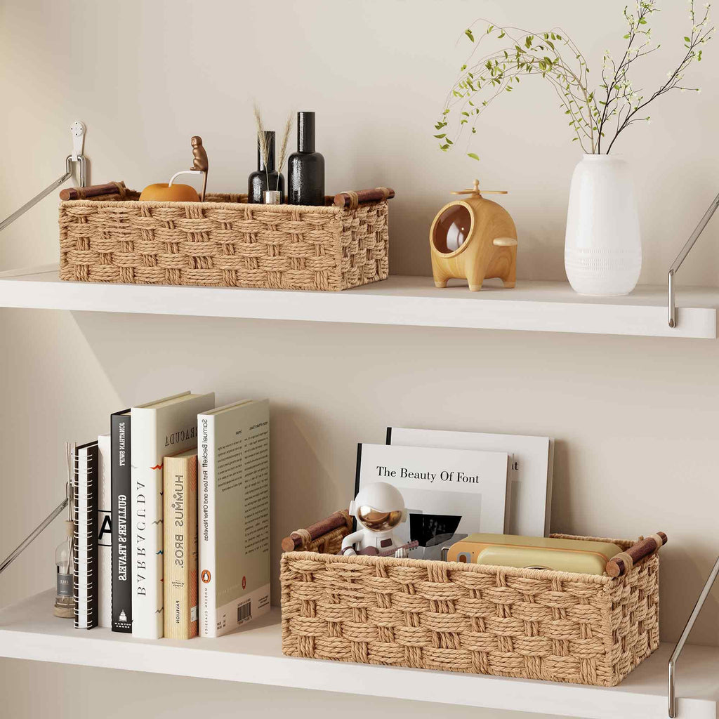 Vagusicc Wicker Storage Basket with Handle, Set of 2 Handwoven Paper Rope Storage Basket for Shelves - image 5