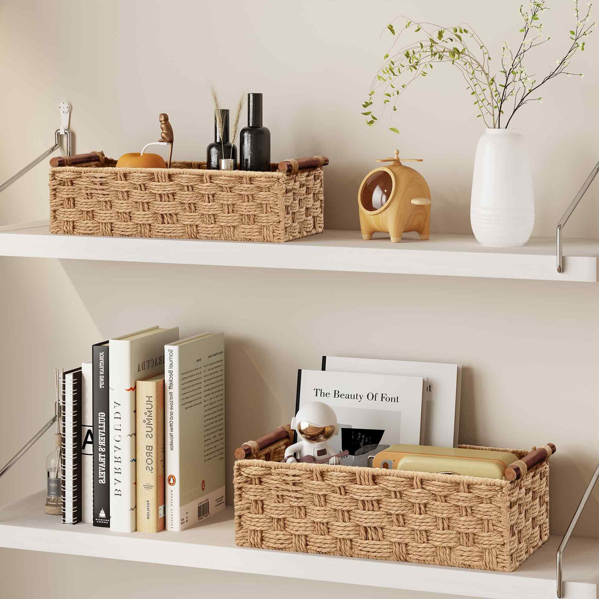 Vagusicc Wicker Storage Basket with Handle, Set of 2 Handwoven Paper Rope Storage Basket for Shelves - image 5