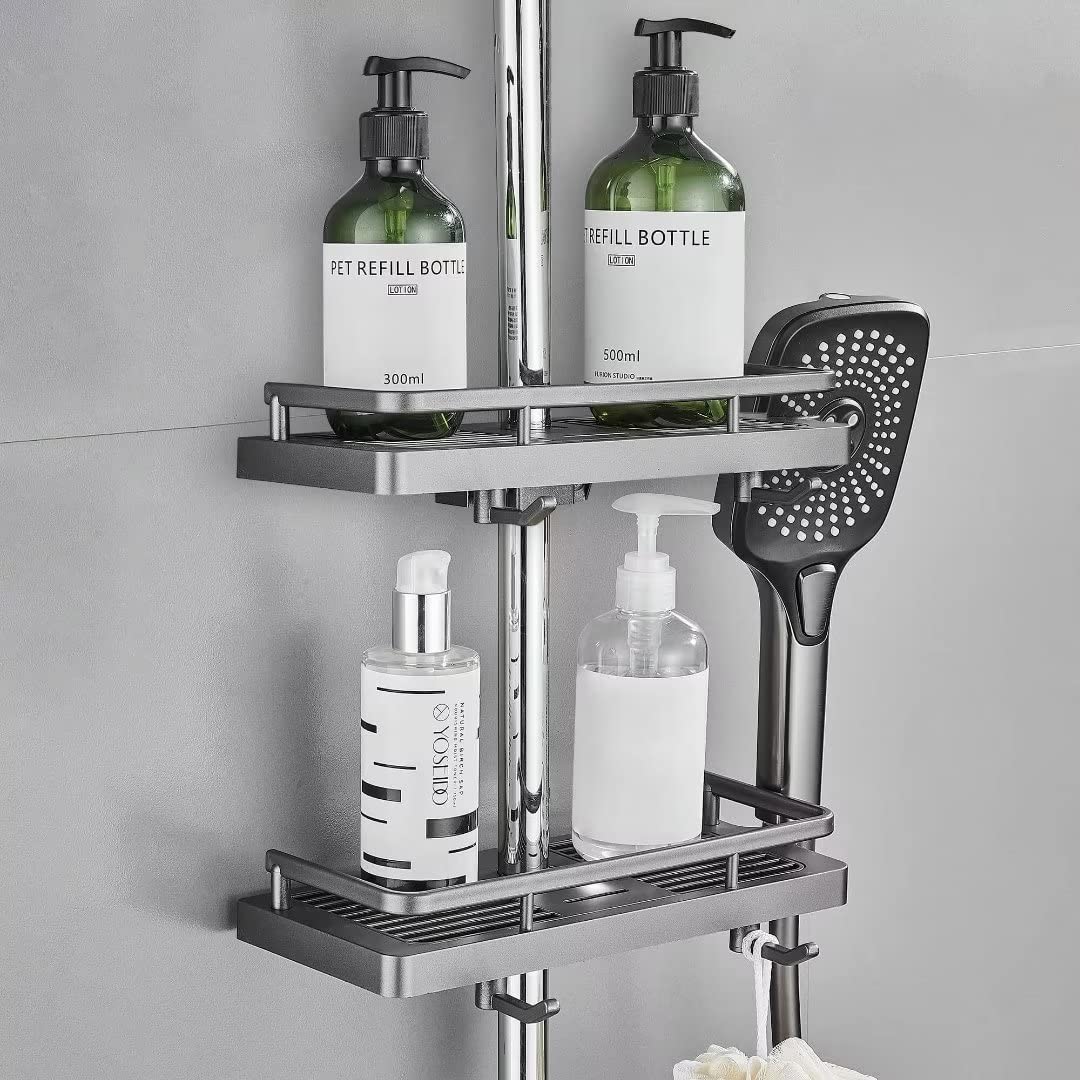 Hoomtaook No-Drill Shower Caddy – Adjustable Rail Shelf with Hooks, 2 Pack