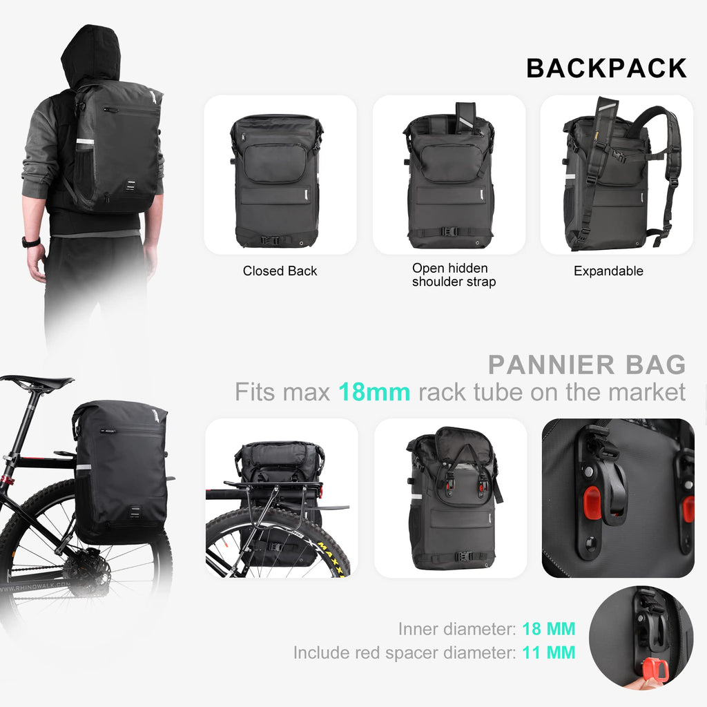 Rhinowalk 22L Waterproof Bike Pannier Bag | 15" Laptop Backpack