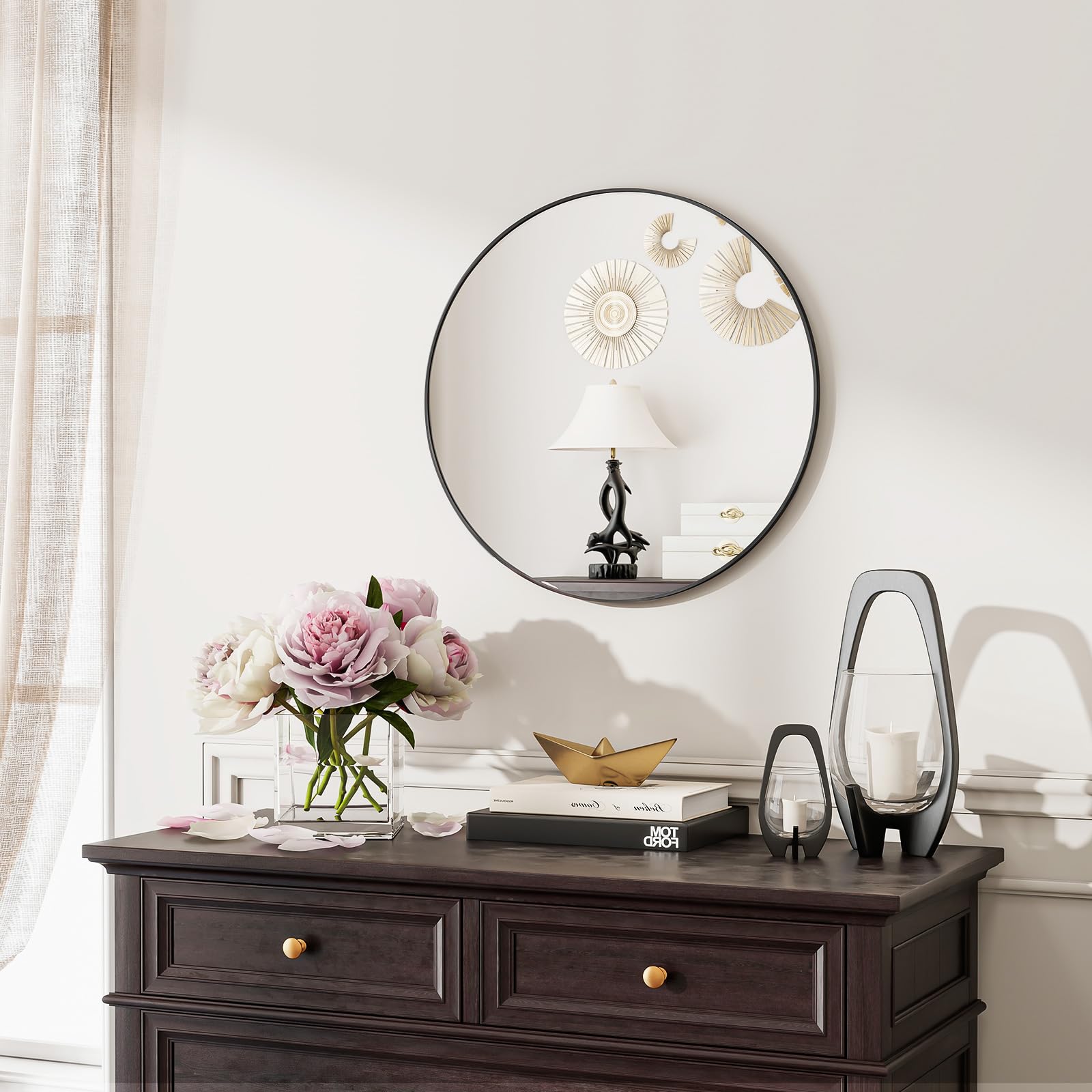 Koonmi 50cm Black Round Wall Mirror | Aluminum Alloy Frame Circle Mirror