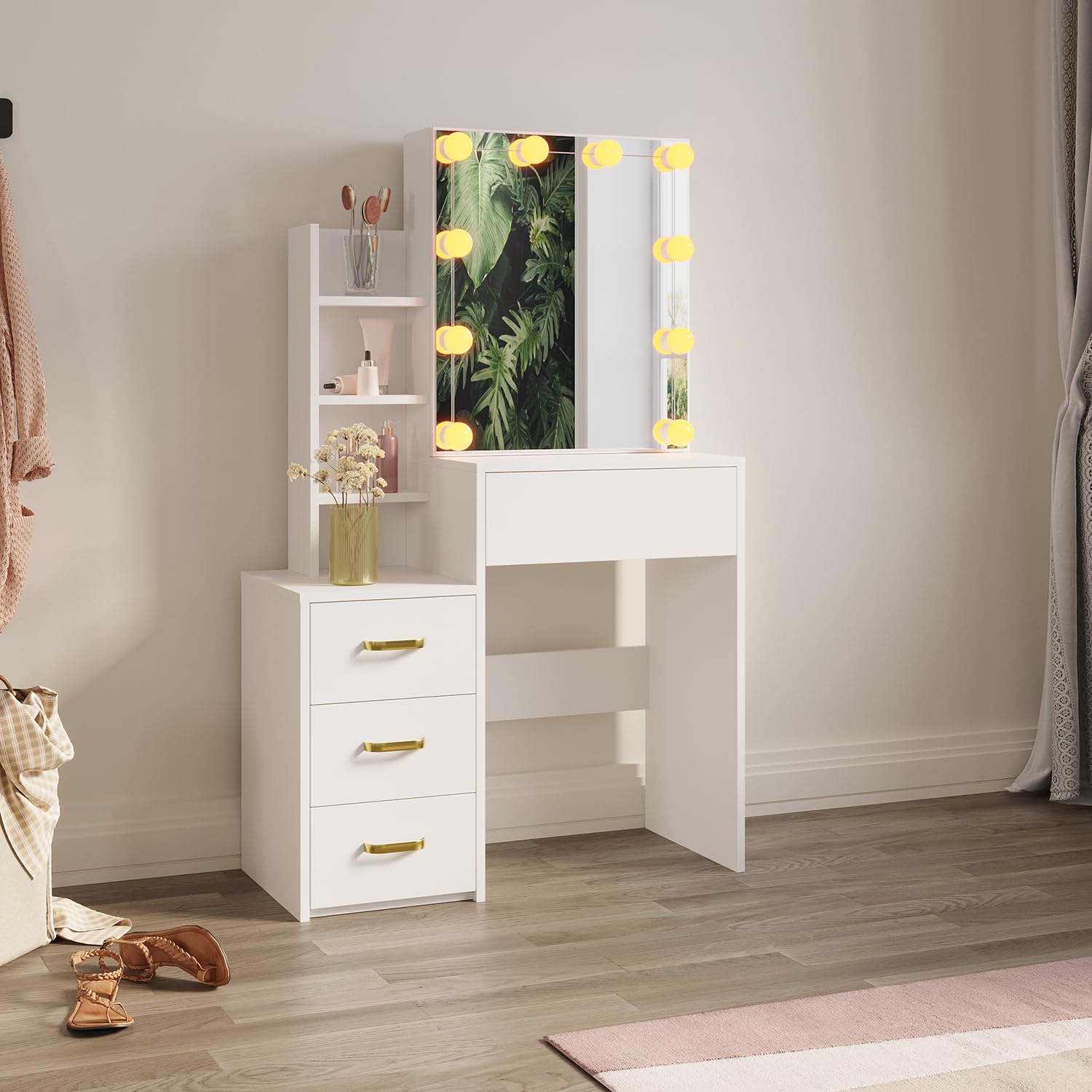 Jolof Store White Makeup Vanity Table with 3-Color LED Sliding Mirror