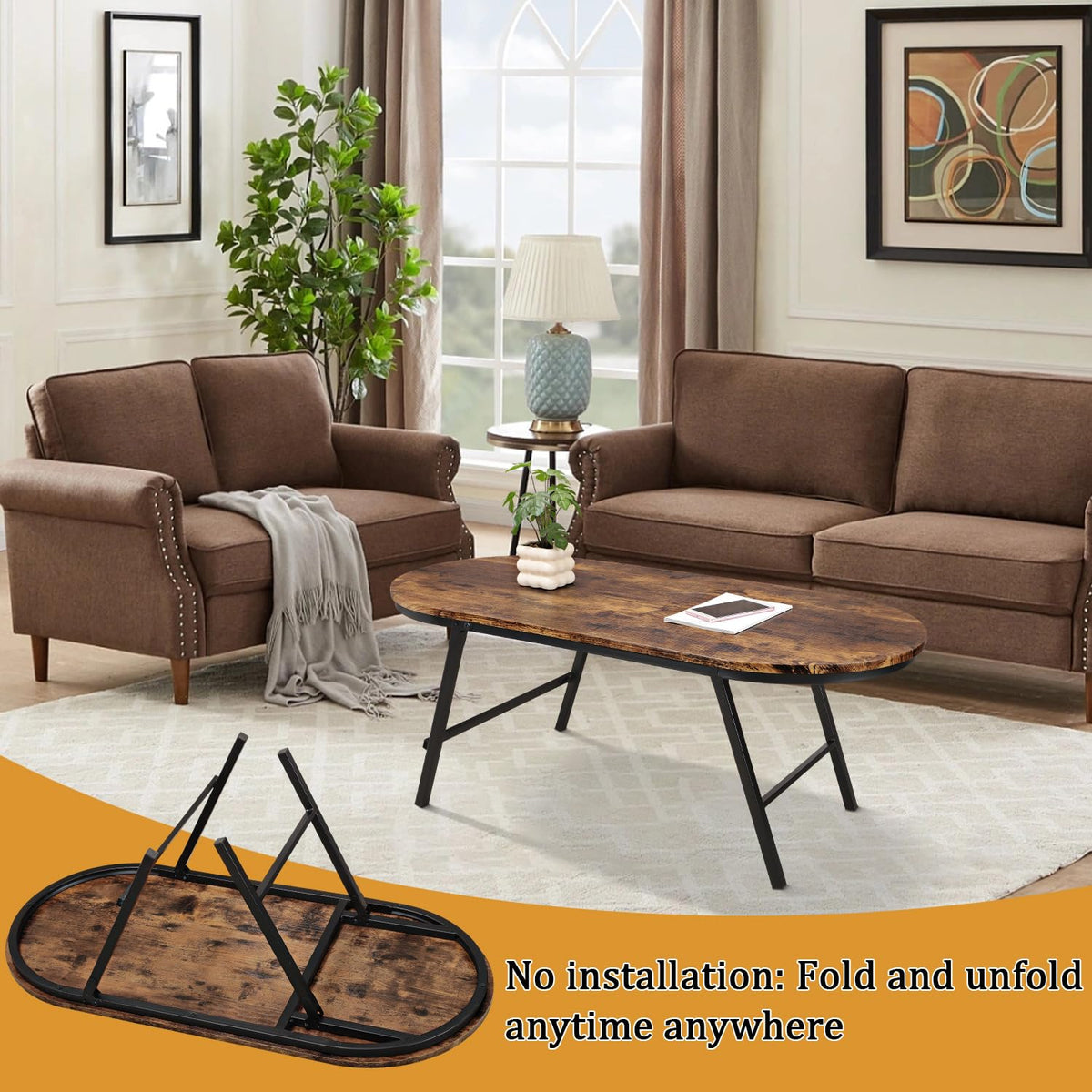 FEUFOAM Folding Coffee Table for Living Room Industrial Brown Small Low Table Wooden Foldable Coffee Tables Oval Floor Desk Tables for Small Spaces - image 3