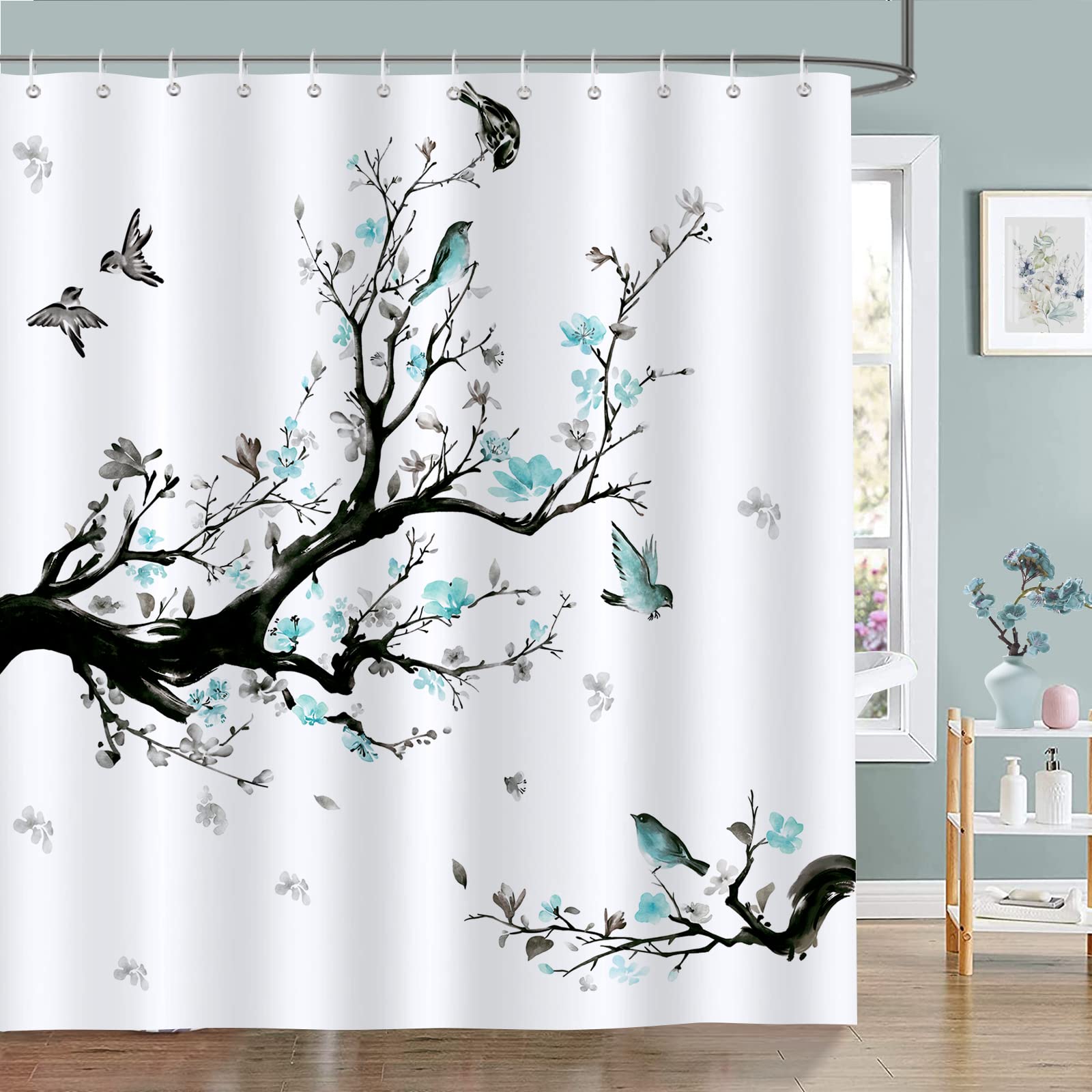 Bonhause Watercolor Blue Floral Shower Curtain | Waterproof Polyester