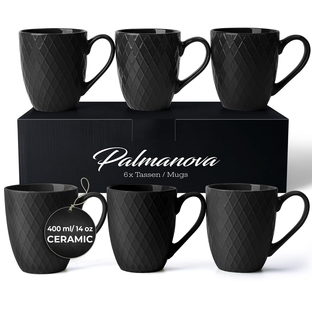 MIAMIO 6-Piece Coffee Mug Set – 400ml Matte Ceramic Large Cups, Black