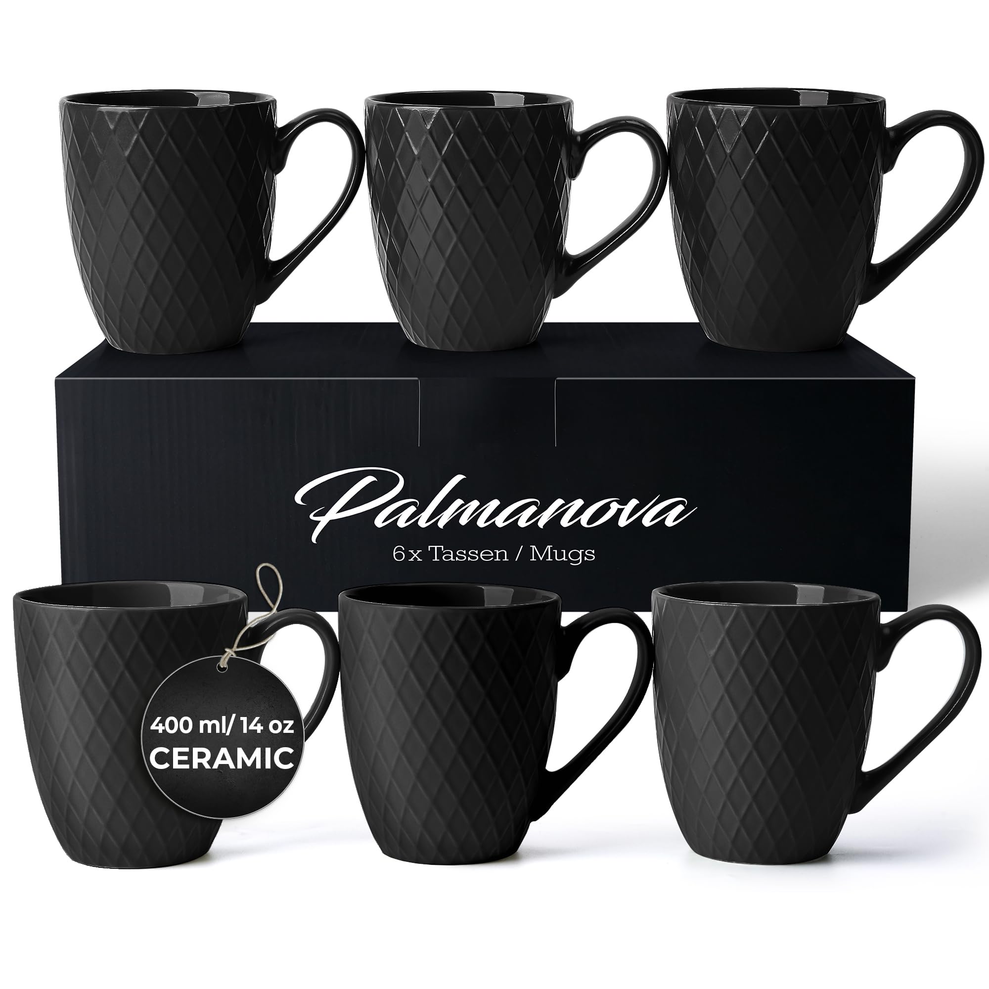 MIAMIO 6-Piece Coffee Mug Set – 400ml Matte Ceramic Large Cups, Black